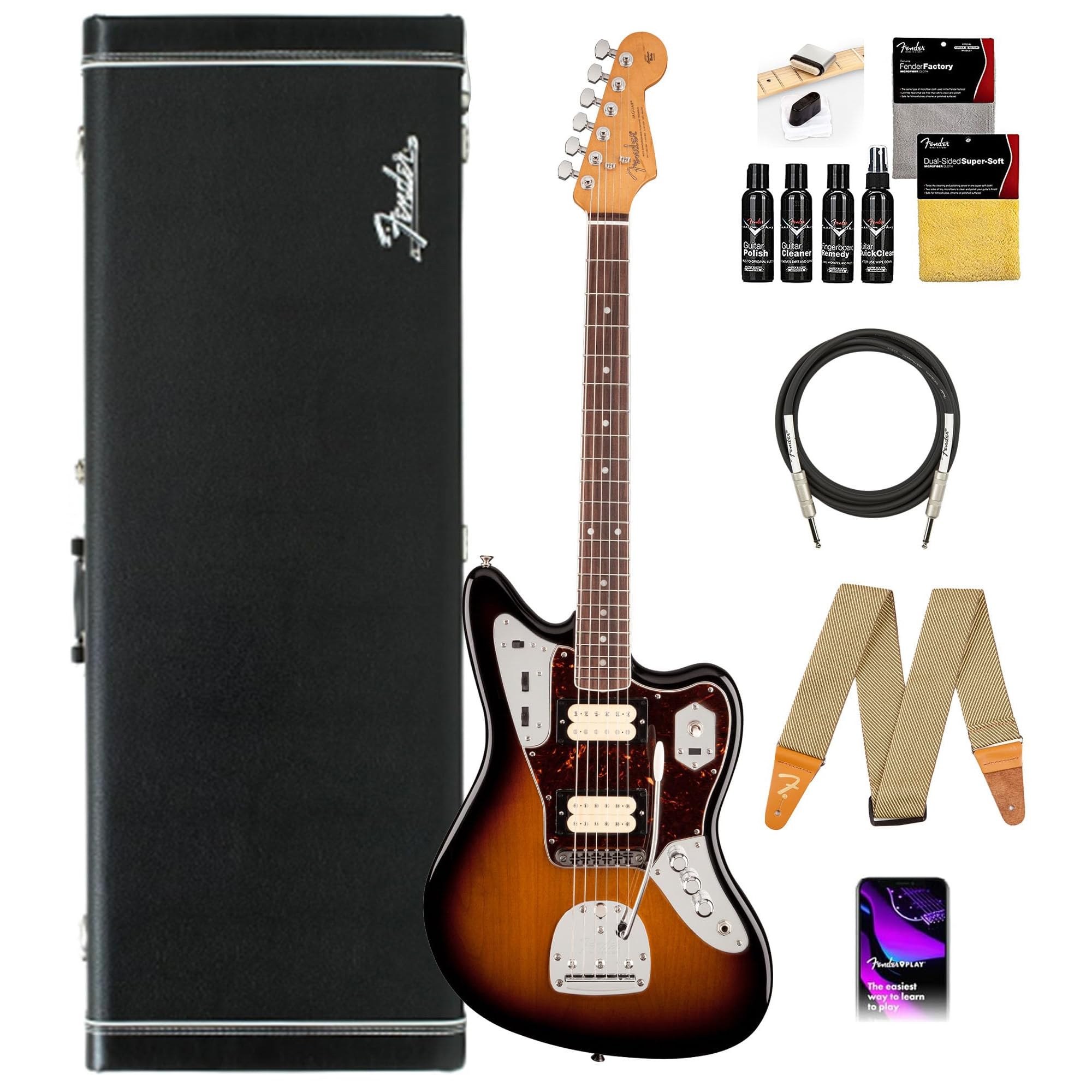 Fender Johnny Marr Jaguar - Olympic White Bundle with Tweed Case, Cable, Strap, and Guitar Cleaning Kit