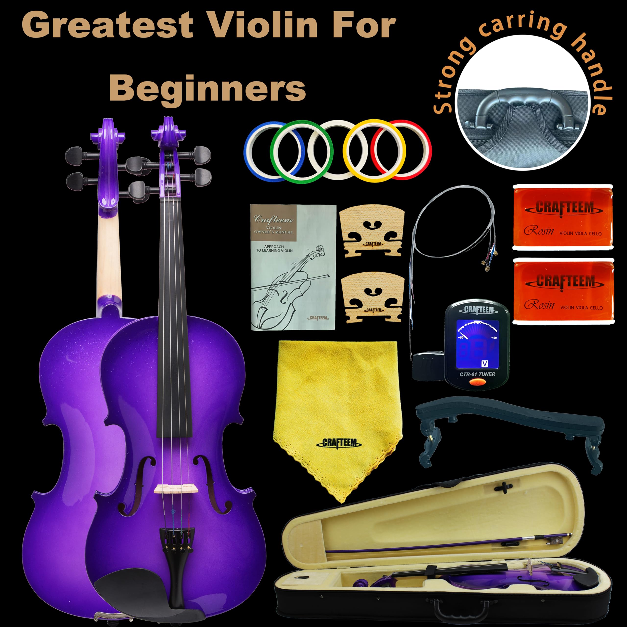 Crafteem Spruce and Maple Solid Wood Violin Outfit for Beginner Kids & Adults -Craft Your Perfect Sound and Begin Your Musical Journey with Confidence. (Glossy Antique, 1/2)