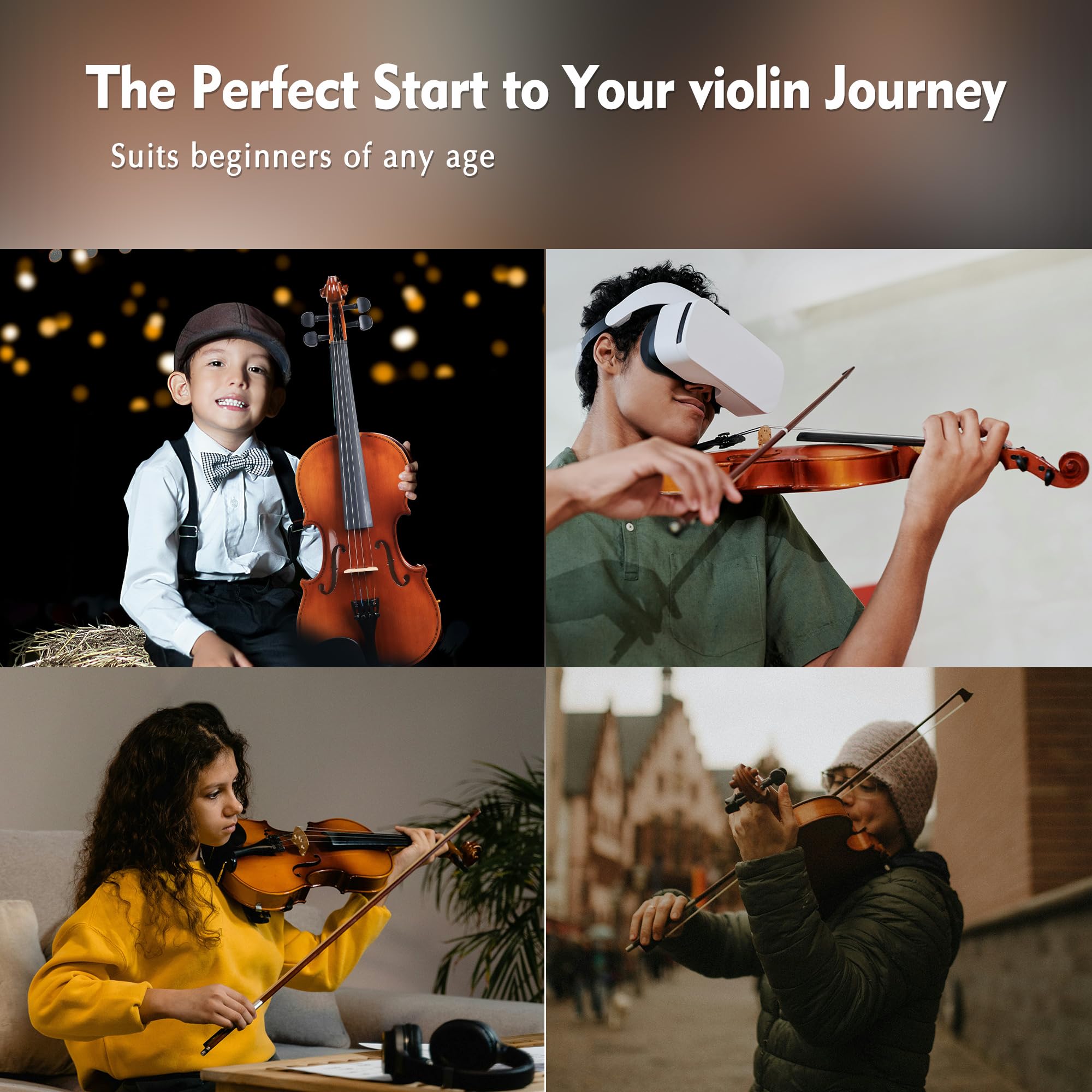 ADM 1/4 Size Wood Violin Set for Kids Teens Students Adults Beginner Acoustic Violin Matte Fiddle Starter Kit with Hard Case, Rosin, Shoulder Rest, Bow, Clip-on Tuner and Fingerboard Sticker