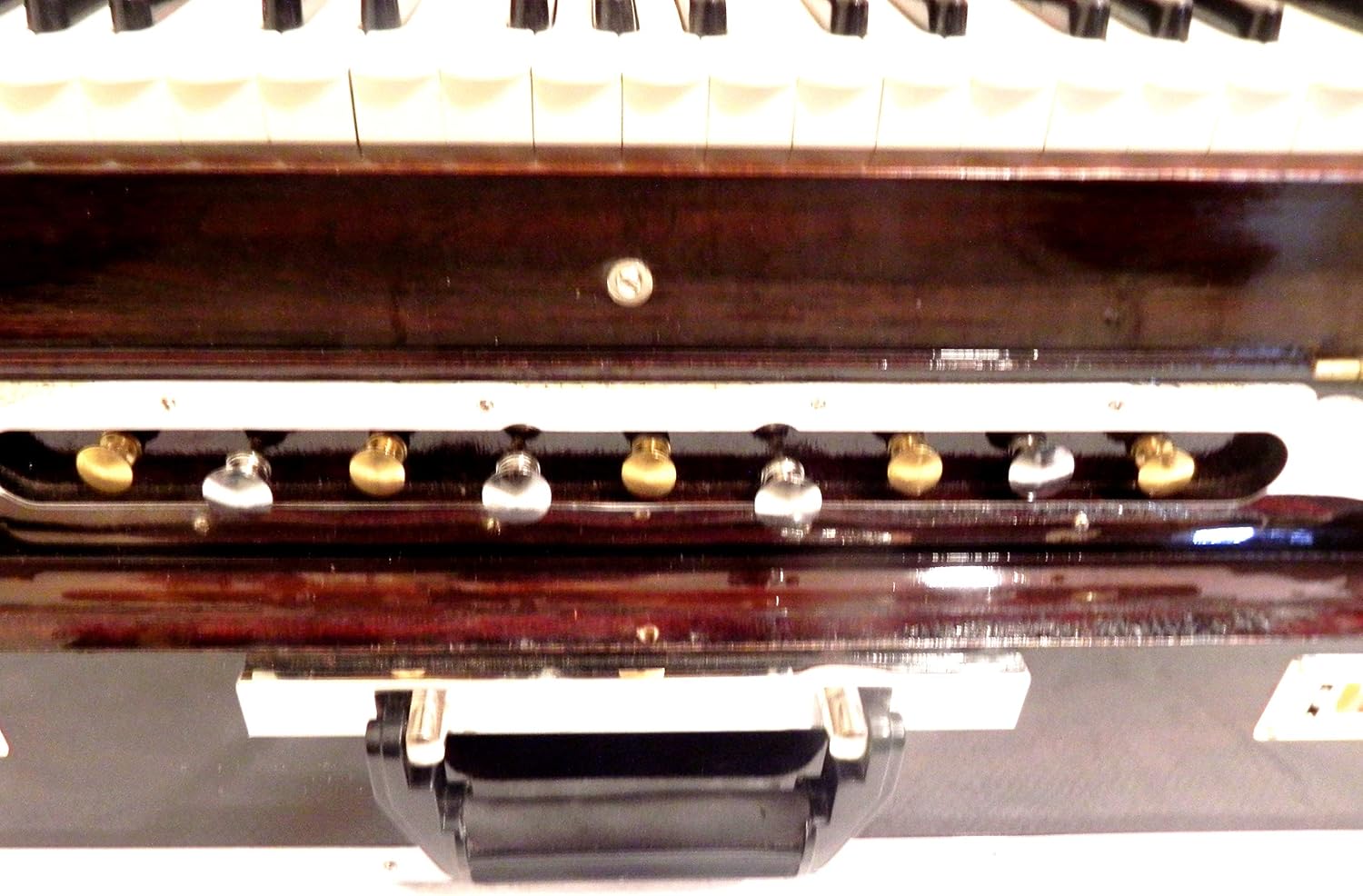 Brass Indian Handmade Deluxe Portable Harmonium, Dark Mahogany, 2 Reeds, 3.5 Octaves