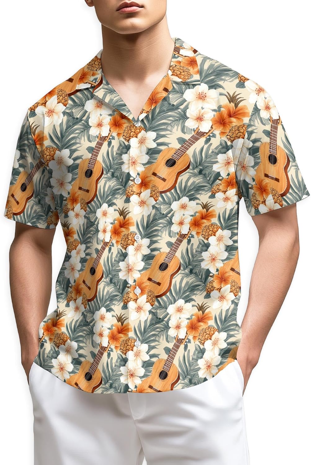 Trombone Pattern Hawaiian Shirt for Men, Summer Vacation Button Down Shirt, Aloha Beach Short Sleeve Shirt, S-5XL
