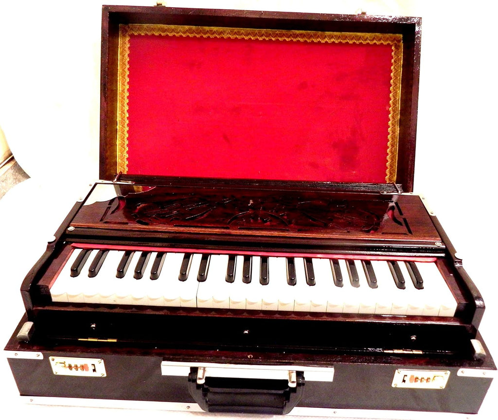 Brass Indian Handmade Deluxe Portable Harmonium, Dark Mahogany, 2 Reeds, 3.5 Octaves