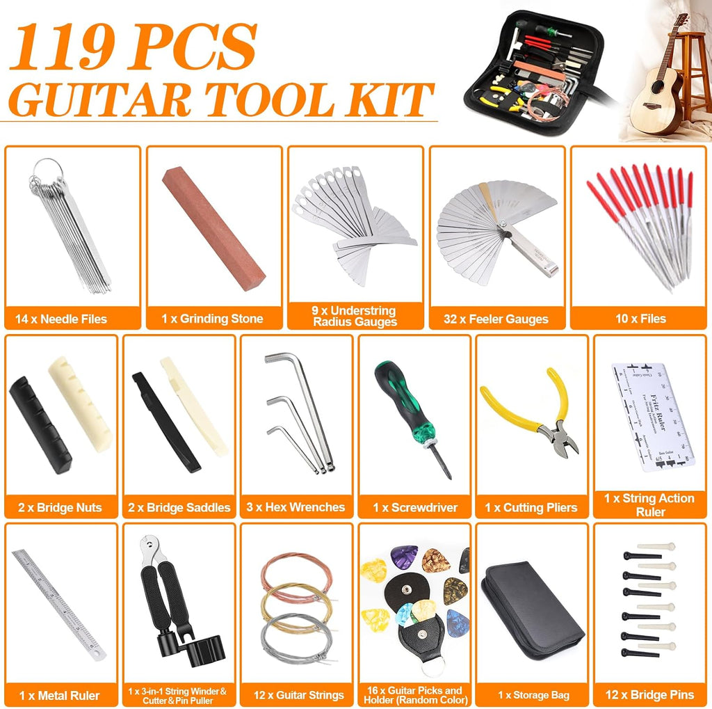 Guitar Tool Kit, 119 Pcs Professional Guitar Repair Kit, Guitar Maintenance Kit with Guitar Tools Accessories and Carry Bag, Guitar Setup Kit for Electric Guitar Acoustic Guitar Ukulele Banjo Bass