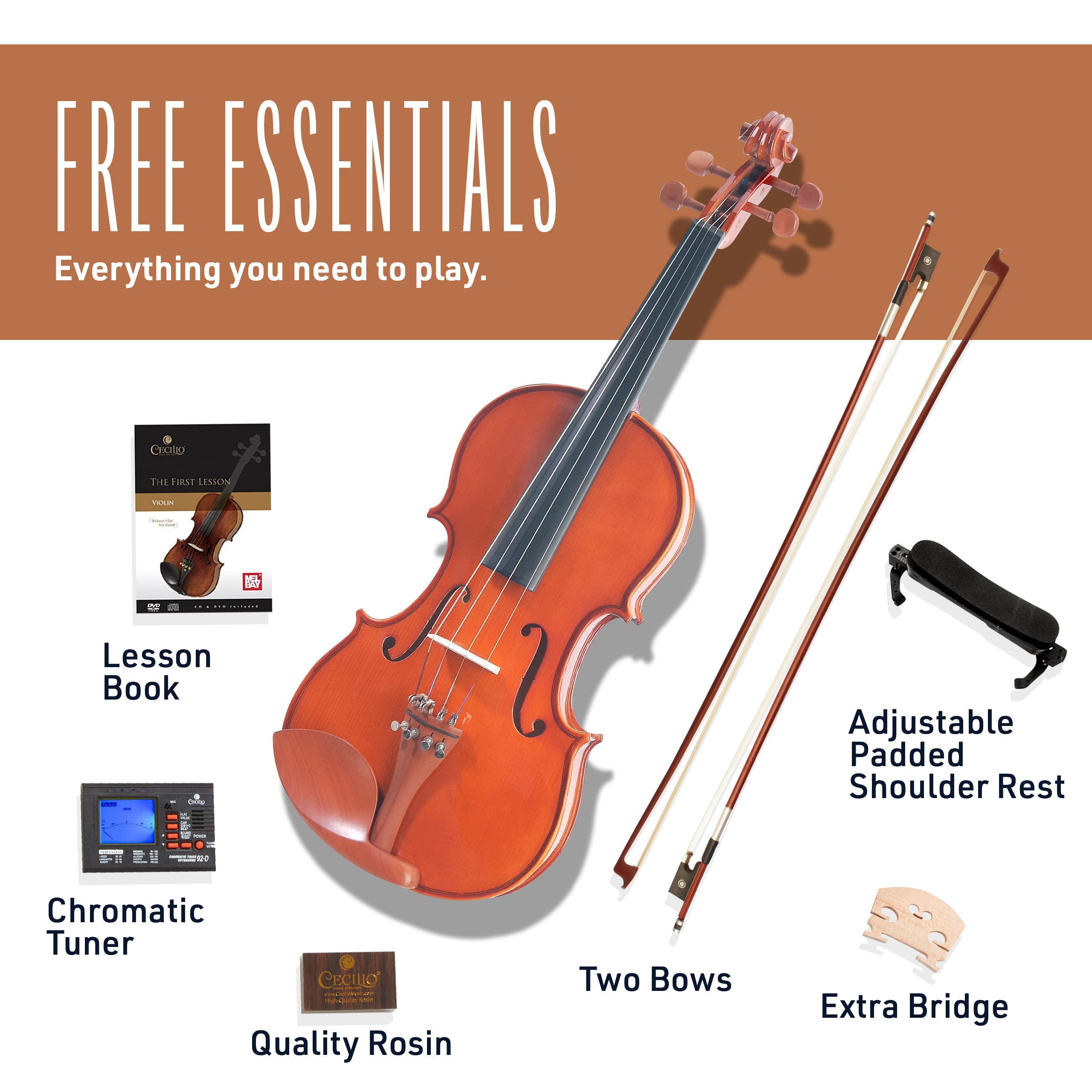 Cecilio 1/2 Size Natural Varnish Violin for Beginners, Hand-Carved Solid Spruce Top, Maple Back & Sides, Full Fiddle Kit with Hard Case, Bows, Rosin, Shoulder Rest, Lesson Book