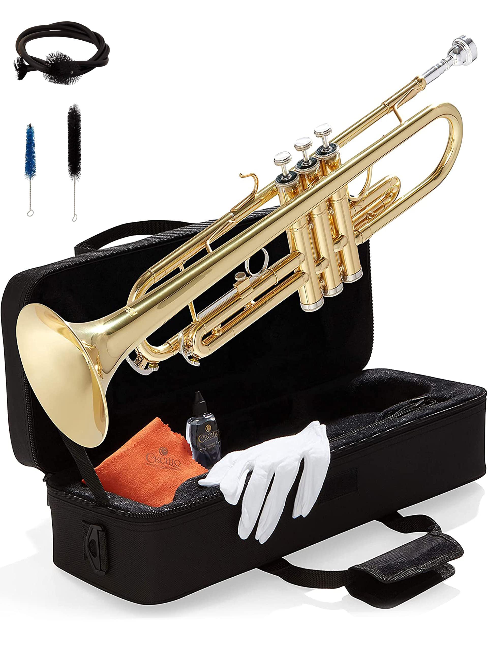 Mendini By Cecilio Bb Standard Trumpet Set for Beginners - Brass Trumpet Instrument with Hard Case, 7C Mouthpiece, Valve Oil, Cleaning Cloth, Maintenance kit and Gloves (Gold)