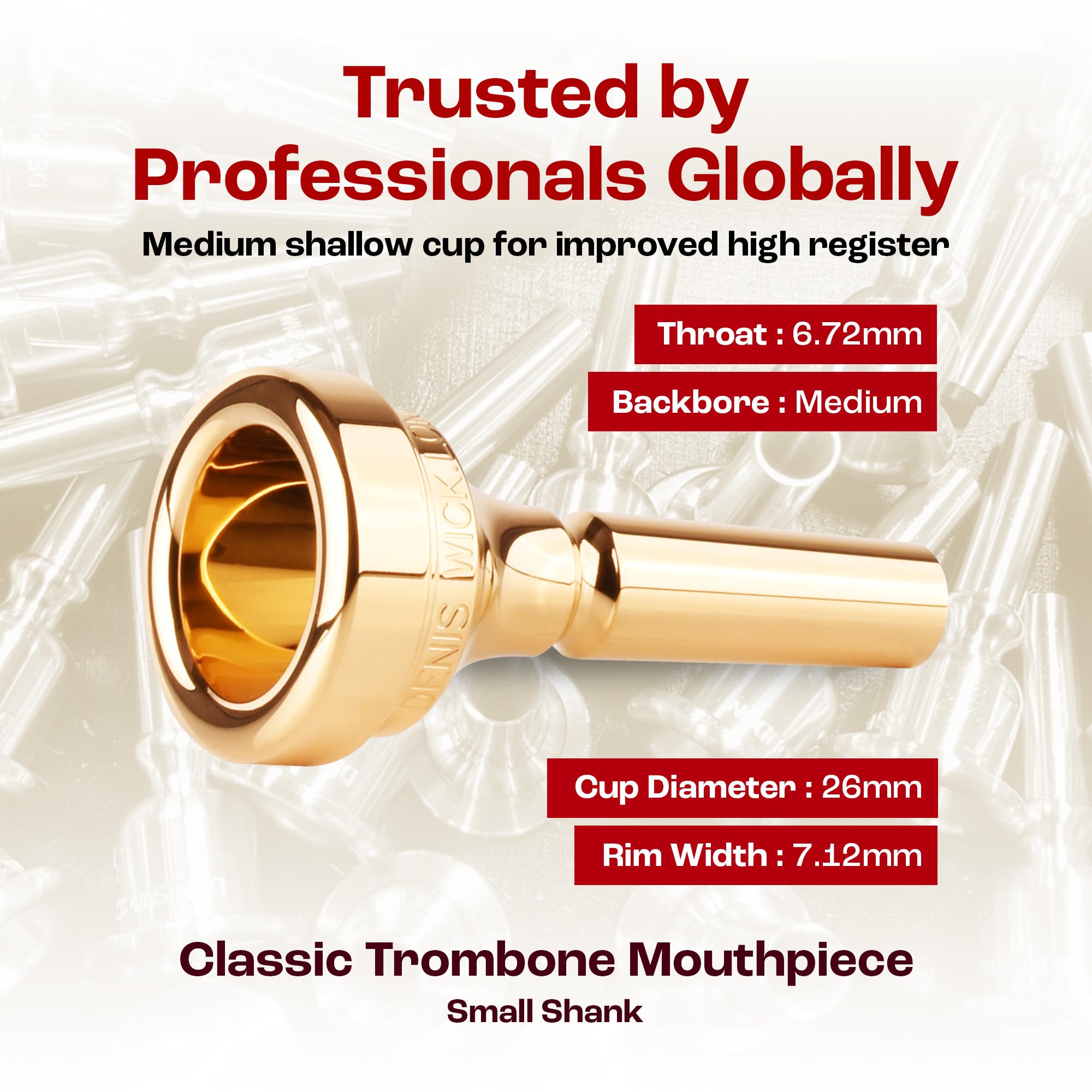 Denis Wick Classic Trombone Mouthpiece Silver Plated, 5880-4AL - Barrel Backbore for Balanced Tone & Smooth Response - Large Shank Fitting Trombone Accessory for Easy Articulation - 26 x 6.72 x 7.38mm