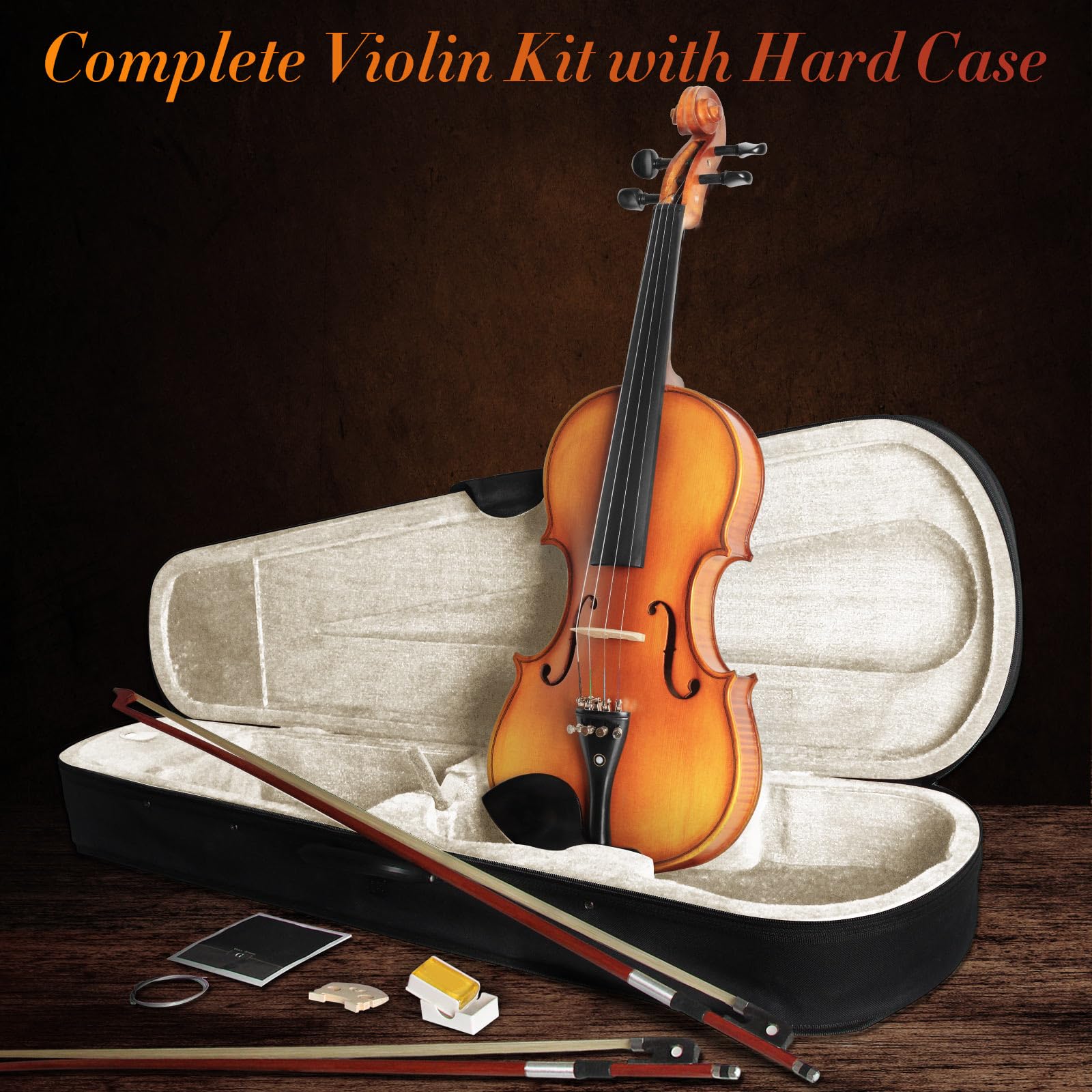 Acoustic Violin 4/4 Full Size, Solid Wood Fiddle for Beginners Adults, Ebony Fitted Satin Antique Finish Violin Starter Kit with Hard Case