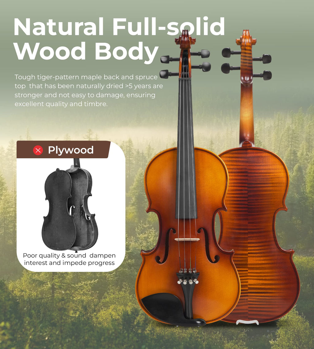 Vangoa Violin 4/4 Full Size Set, Varnish Fiddle Solid Wood for Professional Adults Senior Intermediate Beginners Student Starter Acoustic Violins Kit Outfit with Ebony Fitted, Hard Case, Right Handed