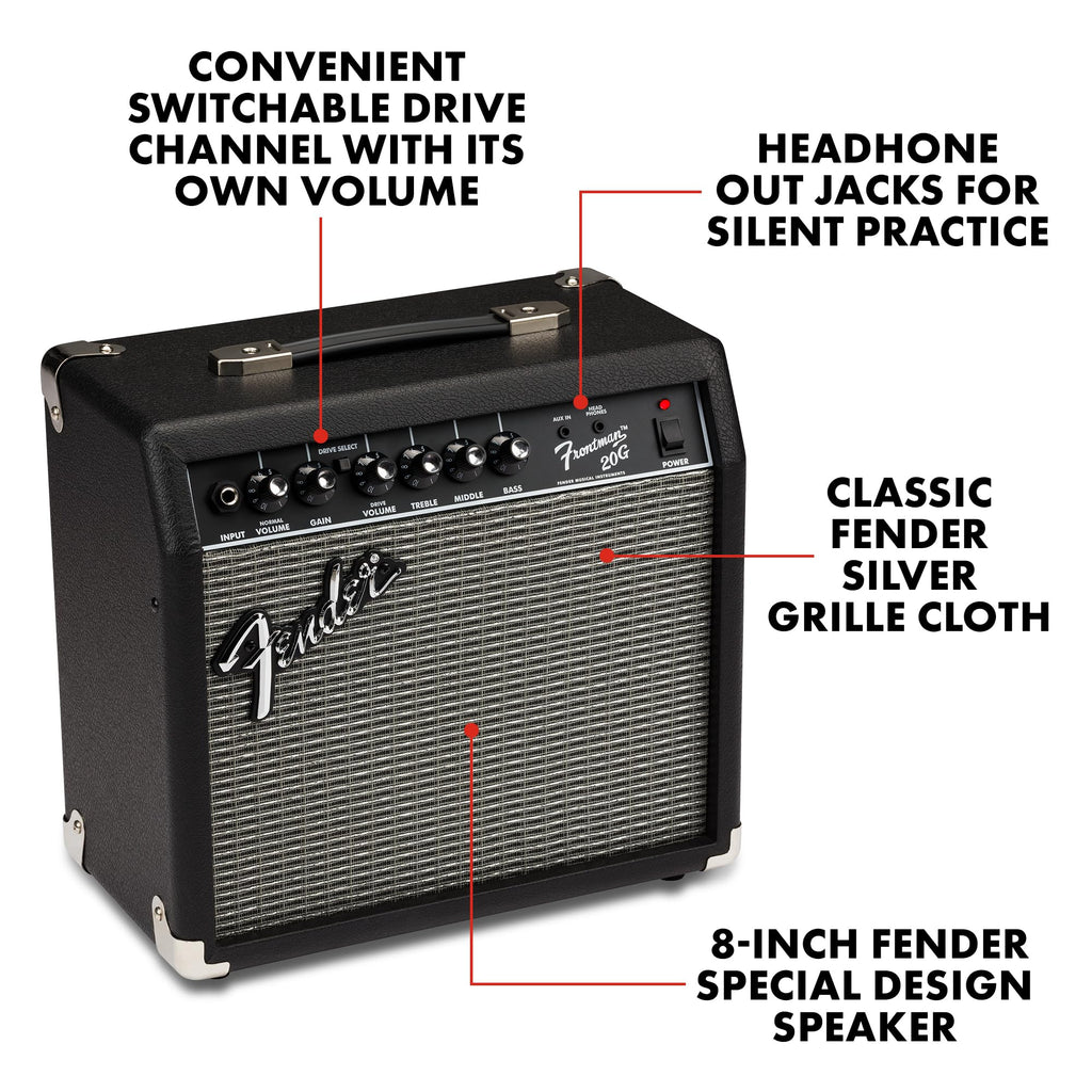 Fender Frontman 10G Electric Guitar Amplifier, 10-Watt Practice Amp with 6" Speaker, Built-in Overdrive, Headphone Jack & Aux Input, Black/Silver, with 2-Year Warranty