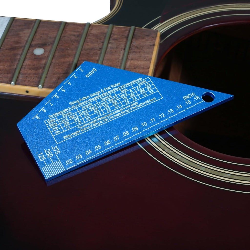 3mm Thickness Aluminum Guitar Fret Rocker, Precision Guitar String Action Gauge Ruler for String Height, 4-in-1 Mini Straightedge Luthier Tool, Locate High Frets Fast, Fret Leveling Guide