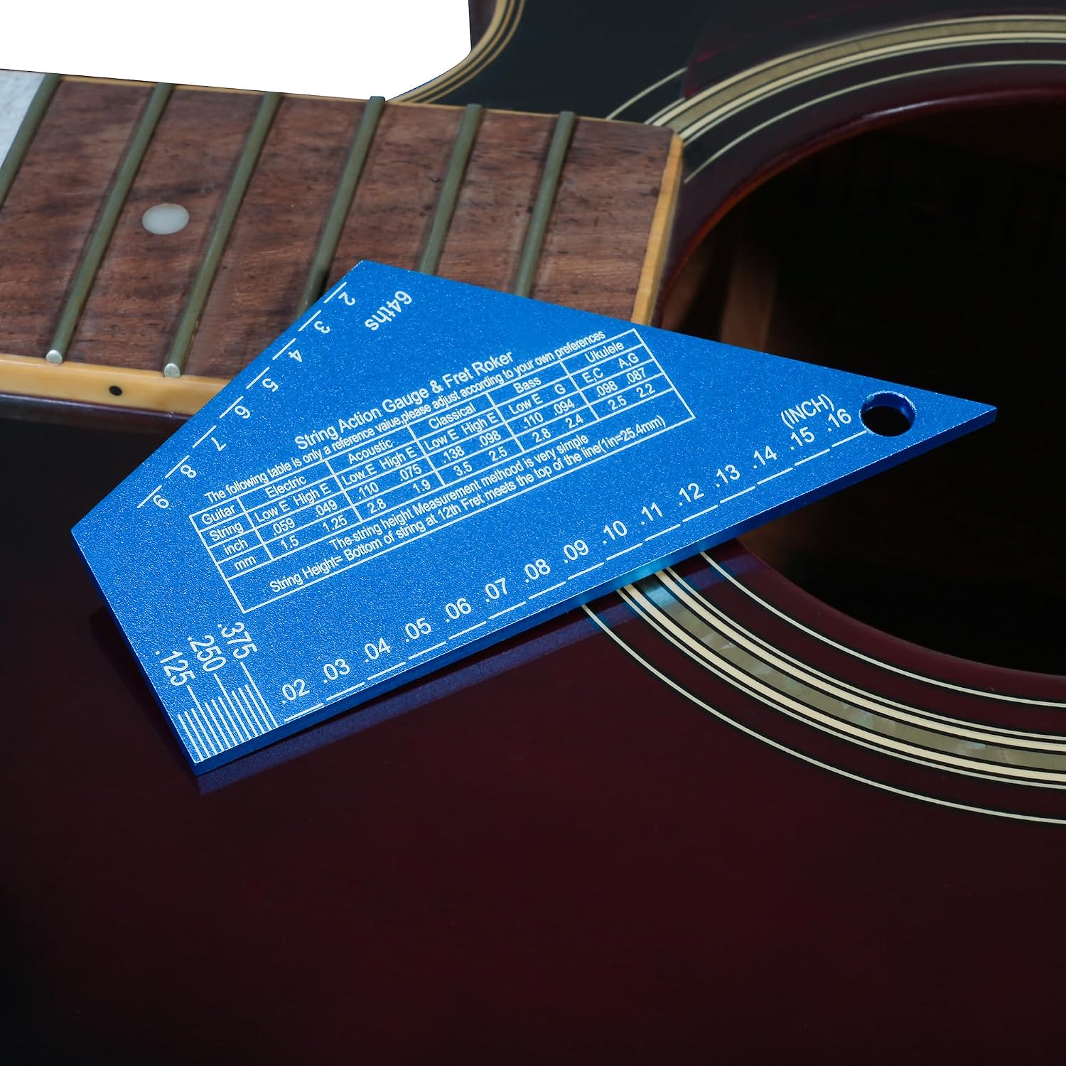 3mm Thickness Aluminum Guitar Fret Rocker, Precision Guitar String Action Gauge Ruler for String Height, 4-in-1 Mini Straightedge Luthier Tool, Locate High Frets Fast, Fret Leveling Guide