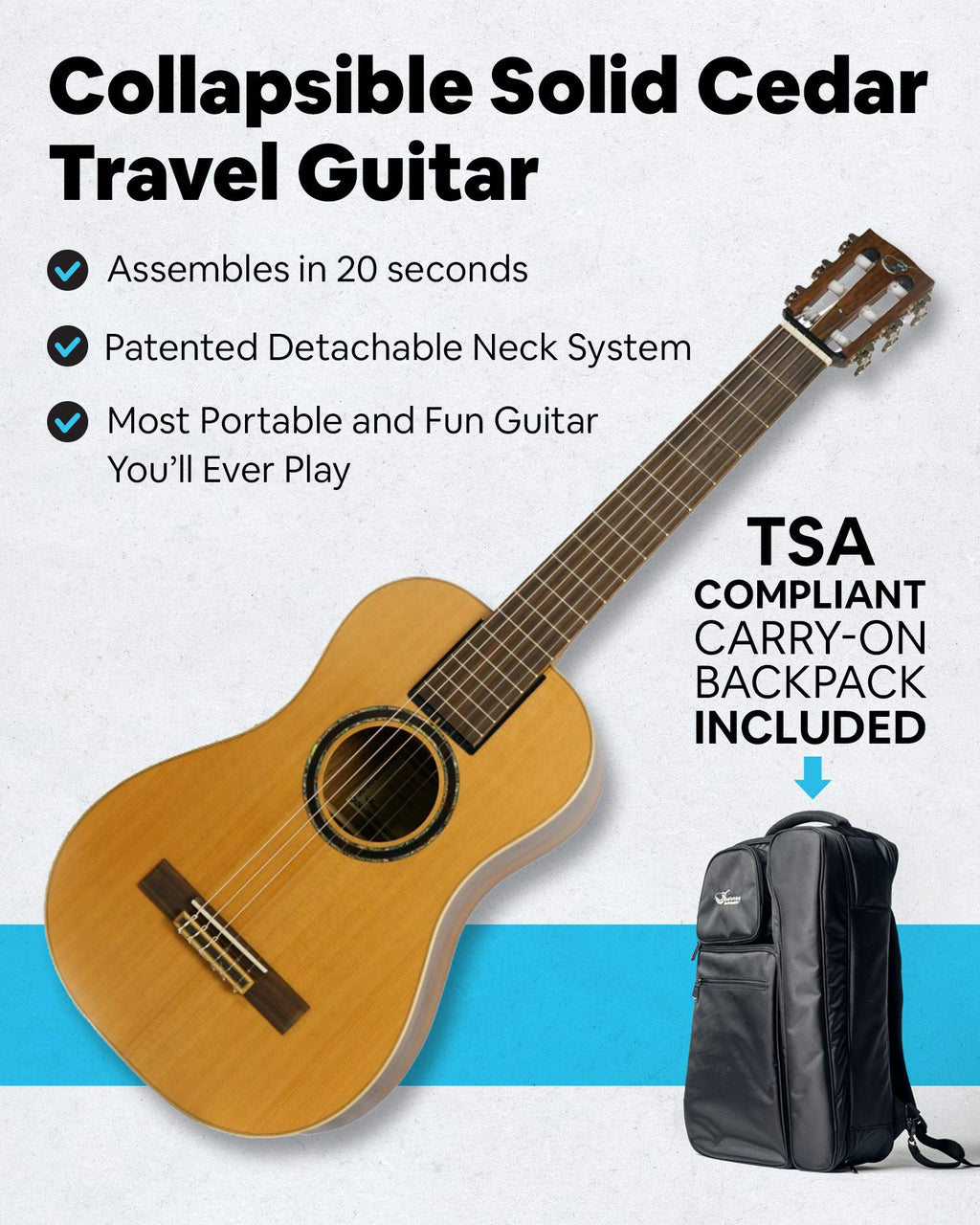 Journey Instruments Solid Sitka Acoustic Collapsible Travel Guitar PJ410N | Traveling Acoustic Guitar with Collapsible Patented System, Portable Backpack Case (African Mahogany)
