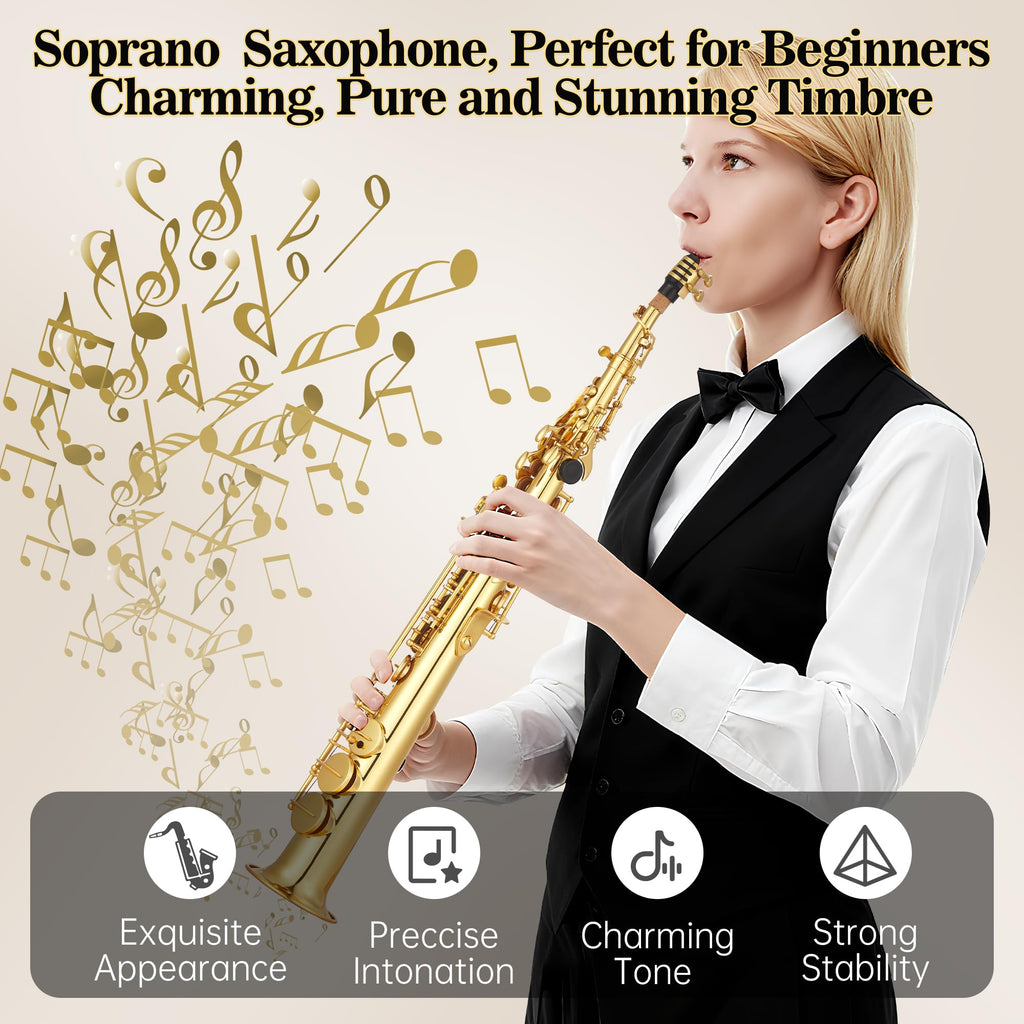 Senfot AS-100 Eb Alto Saxophone Gold Lacquer Alto Sax Full Kit With Cleaning Cloth, Gloves, Brush, Headjoint, Reed, Strap, Stand, Tube Case, Saxophone for Beginners and Professional, Gold