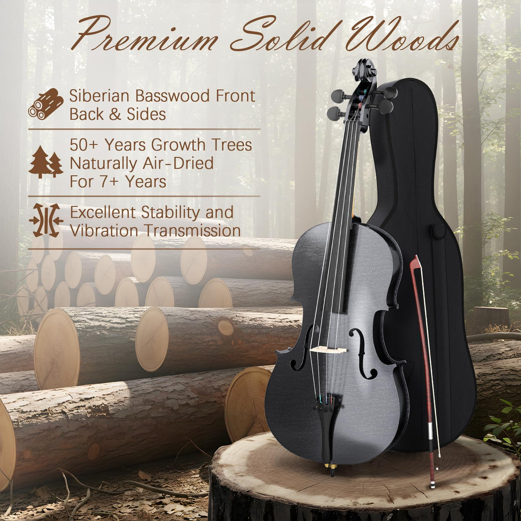 Full Size Cello Kit, Acoustic Cello Instrument for Adults,Beginners,Students,Complete Cello 4/4 Set with Portable Bag, Bow, Rosin (Black)
