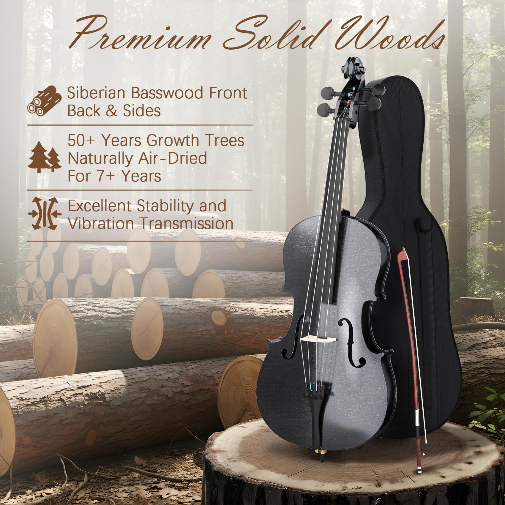 Full Size Cello Kit, Acoustic Cello Instrument for Adults,Beginners,Students,Complete Cello 4/4 Set with Portable Bag, Bow, Rosin (Black)
