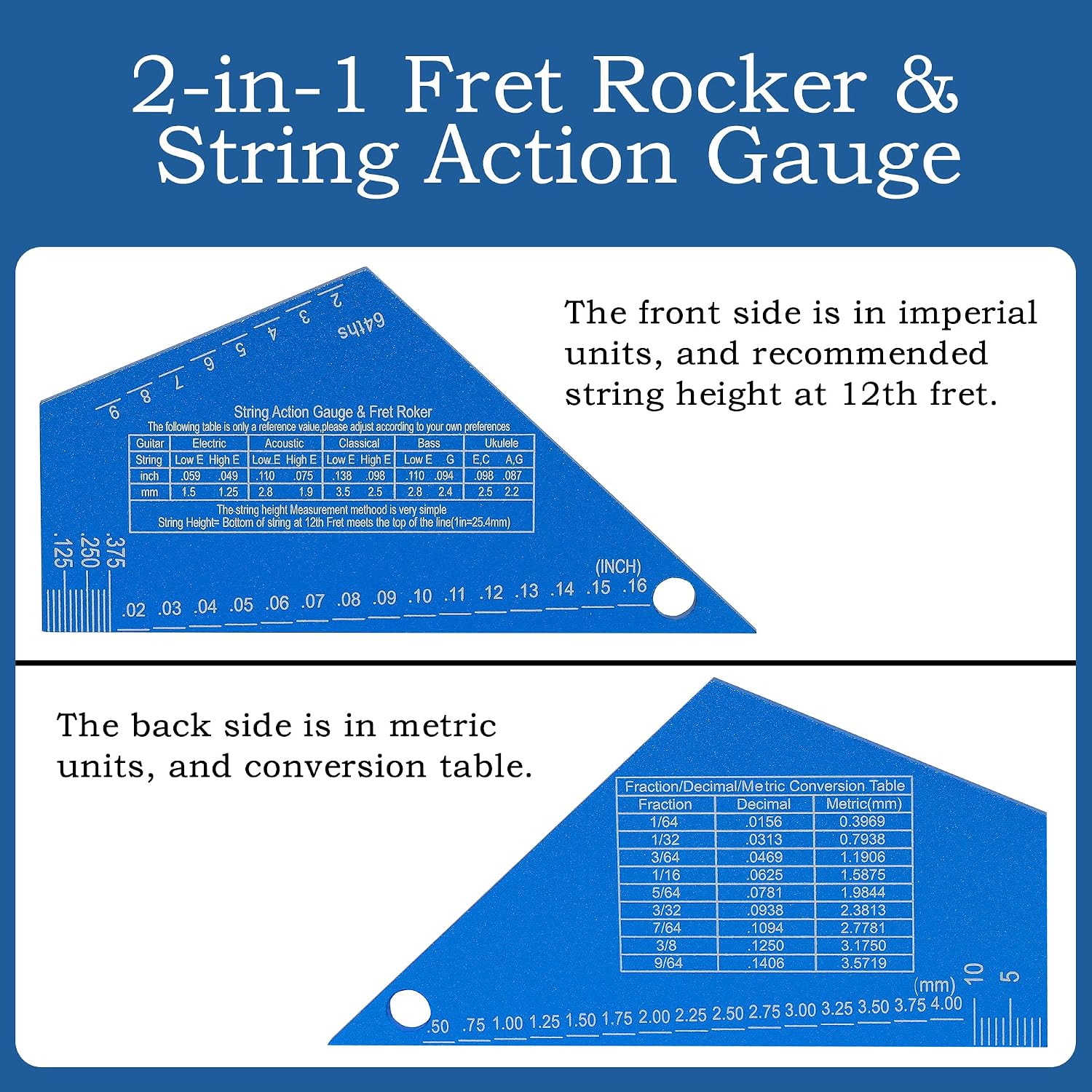 3mm Thickness Aluminum Guitar Fret Rocker, Precision Guitar String Action Gauge Ruler for String Height, 4-in-1 Mini Straightedge Luthier Tool, Locate High Frets Fast, Fret Leveling Guide