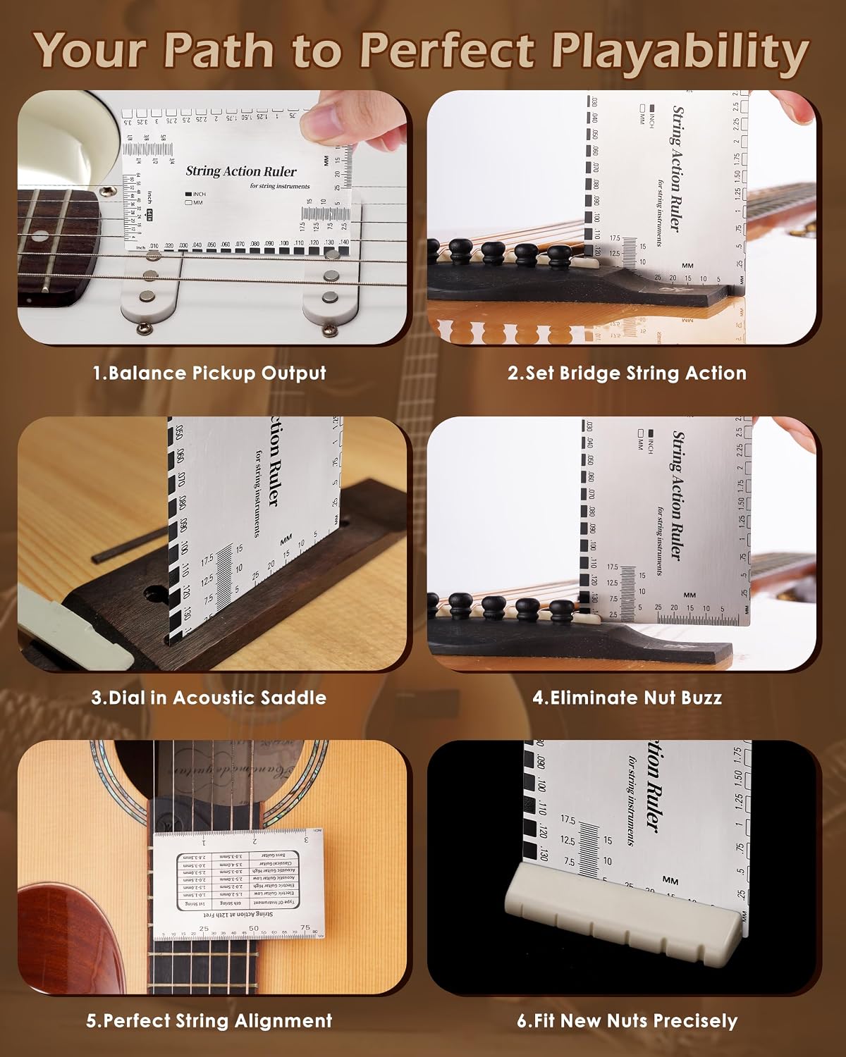 Guitar String Action Gauge Ruler, Professional Setup Tool with Dual mm & 1/64" Scales - for Electric, Acoustic, Bass Guitars - Includes Measurement Chart & Protective Sleeve - Print Silver Edition