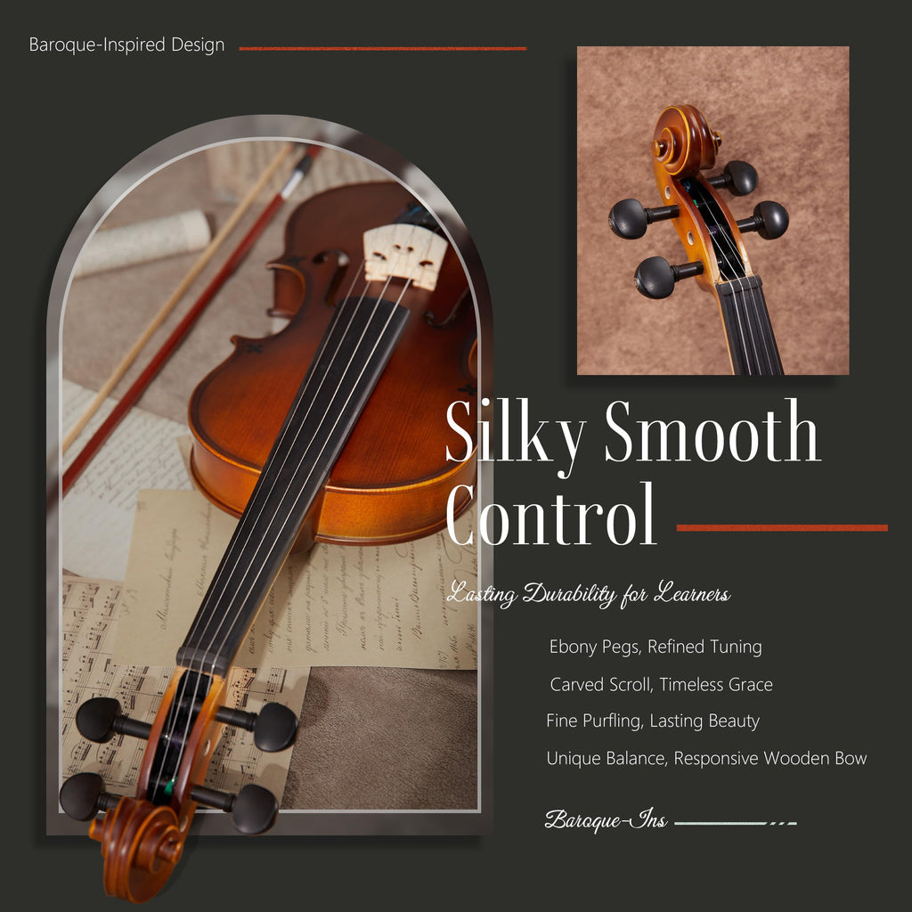 AKLOT Handcrafted Full Size Violin: Solid Wood Matte Fiddle, Acoustic Beginner 4/4 Violin Kit with Hard Case, Lesson Book, Bow, Shoulder Rest, Extra Strings, Tuner, Fretboard Stickers (VRT-AmiCS)