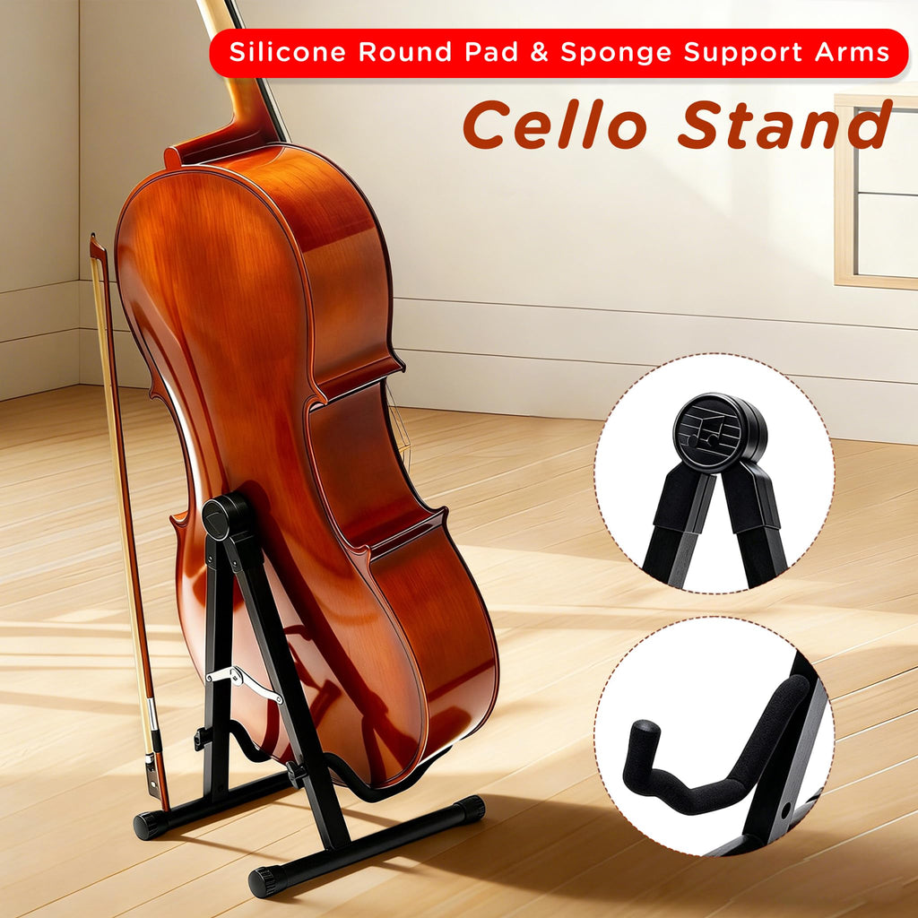 Cello Stand with Bow Holder, Wooden Stand for 1/2, 3/4, 7/8, 4/4 Full-Size, A-Frame Floor Cello Stand with Padded Foam and Non Slip Pad, Cello Display Stand (Black Walnut)