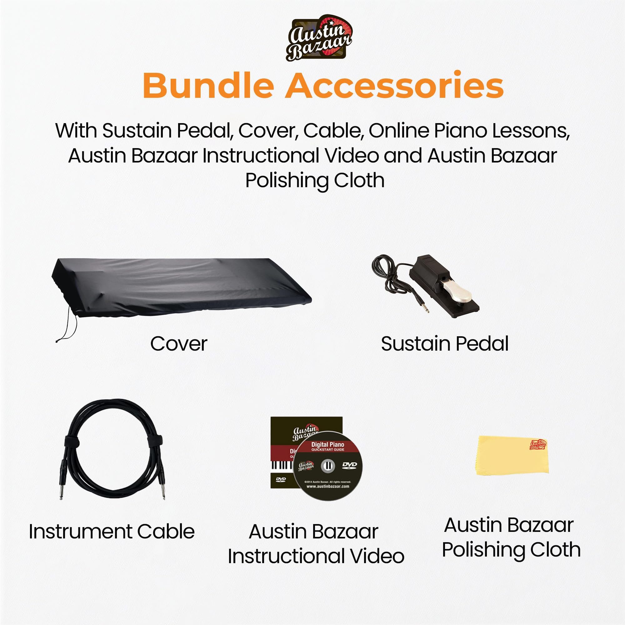 Roland FP-30X 88-Key Digital Piano - Black Bundle with Adjustable Stand, Bench, Sustain Pedal, Online Piano Lessons, Instructional DVD, and Austin Bazaar Polishing Cloth