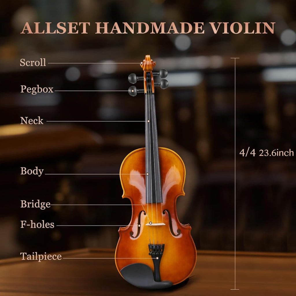 Allset Violin Fiddle Set: 4/4 Polished Violin Kit for Beginners, Acoustic Violin with Hard Case, Solidwood Handmade Starter Kit with Bow, Rosin, Shoulder Rest, Tuner, Strings-Burgundy (yellow, Full)