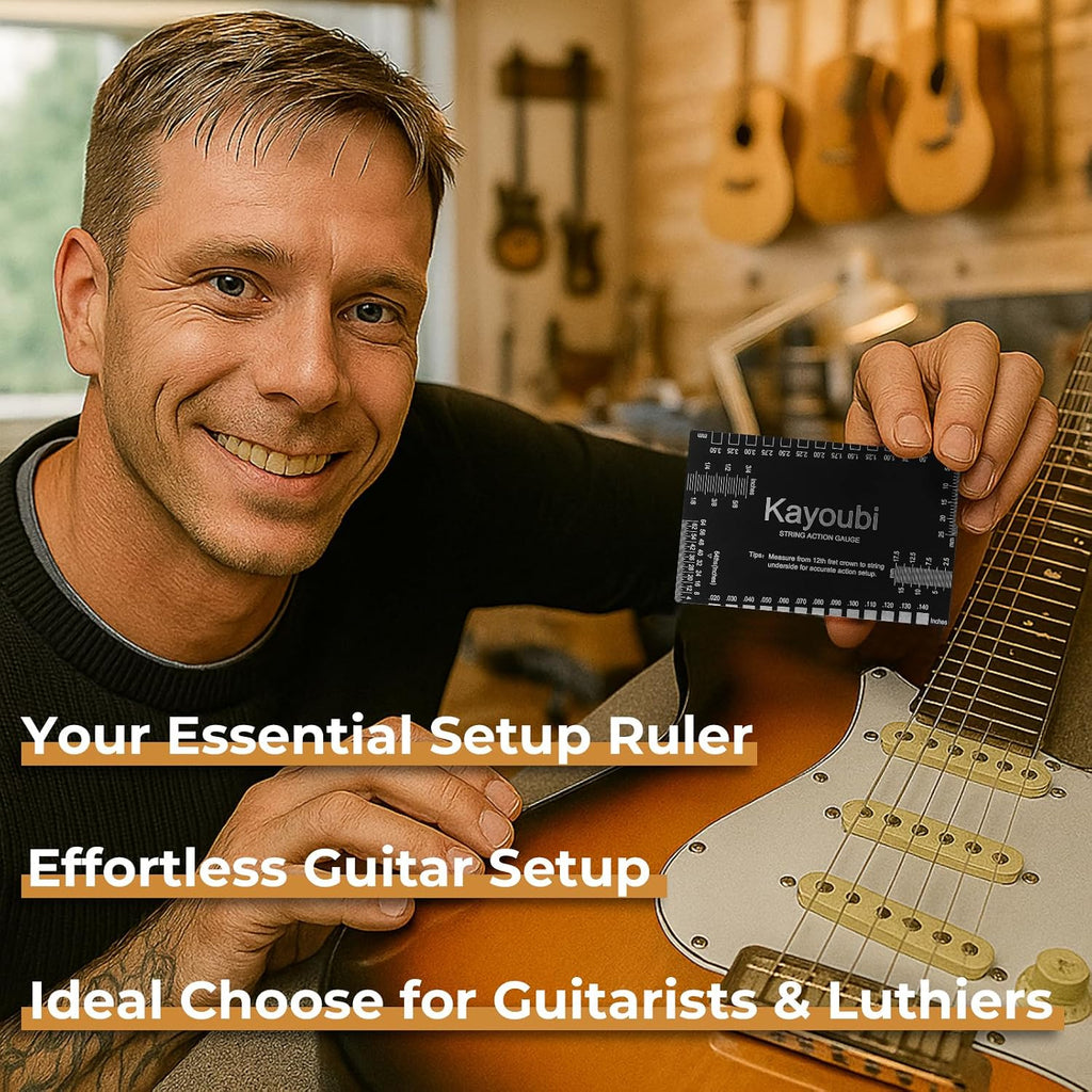 Guitar Accessories, String Action Gauge, High Contrast Black Luthier Set up Tools with Dual Metric & Imperial Scales, Smooth Edges & Protective PU Case for Acoustic, Electric Guitars & Bass