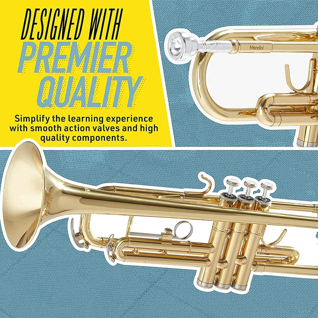 Mendini By Cecilio Bb Standard Trumpet Set for Beginners - Brass Trumpet Instrument with Hard Case, 7C Mouthpiece, Valve Oil, Cleaning Cloth, Maintenance kit and Gloves (Gold)