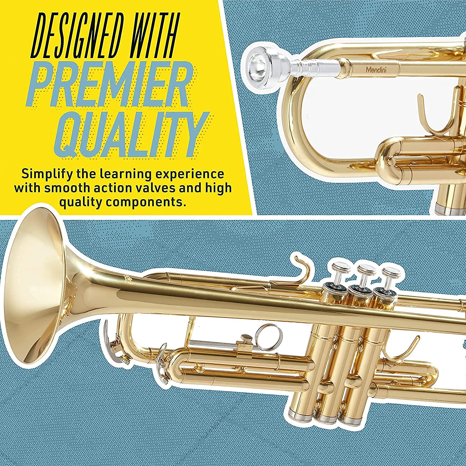 Mendini By Cecilio Bb Standard Trumpet Set for Beginners - Brass Trumpet Instrument with Hard Case, 7C Mouthpiece, Valve Oil, Cleaning Cloth, Maintenance kit and Gloves (Gold)