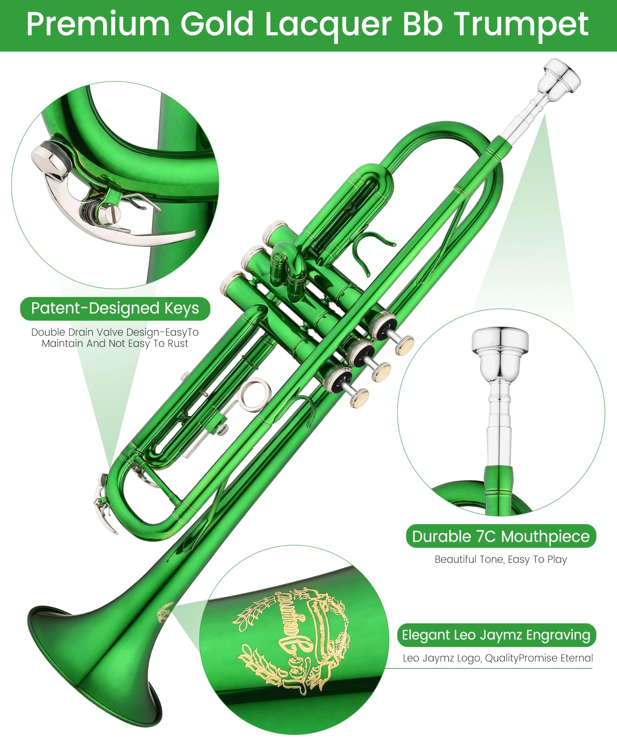 Leo Jaymz Bb Trumpet for Beginners, Brass Student Trumpet Kit with Case, 7C Mouthpiece, Cleaning Kit, Standard B Flat Instrument,Nickel