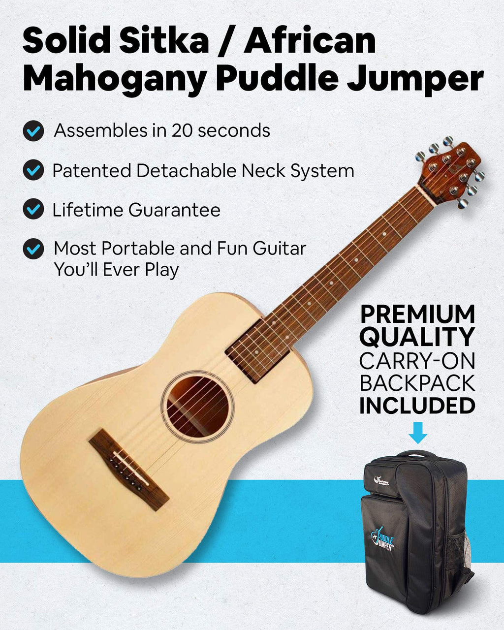 Journey Instruments Solid Sitka Acoustic Collapsible Travel Guitar PJ410N | Traveling Acoustic Guitar with Collapsible Patented System, Portable Backpack Case (African Mahogany)
