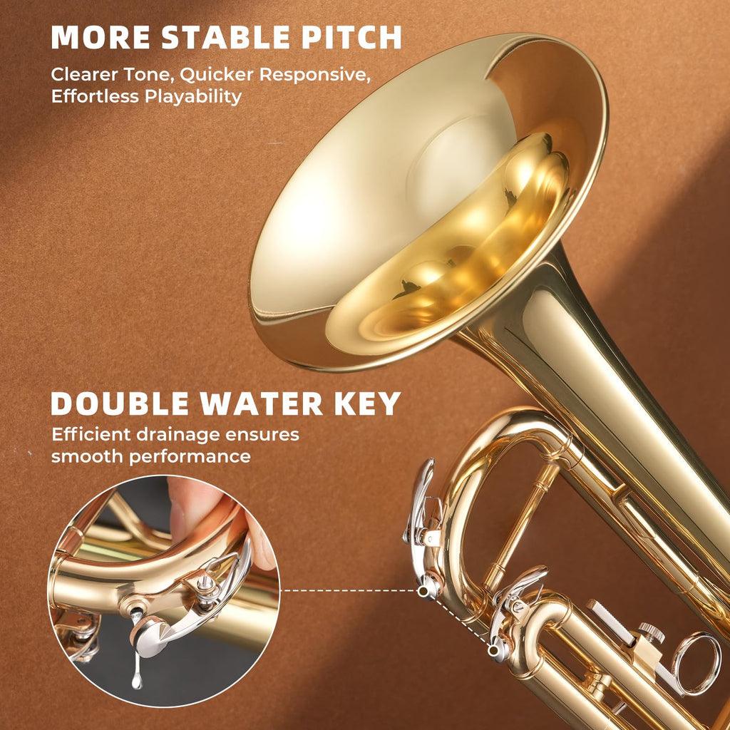JAMELO Bb Standard Trumpet Set, Brass Trumpet Instrument for Student/Beginner with Carrying Case, 7C Mouthpiece, Cleaning Cloth and Gloves (TP-100, Gold)