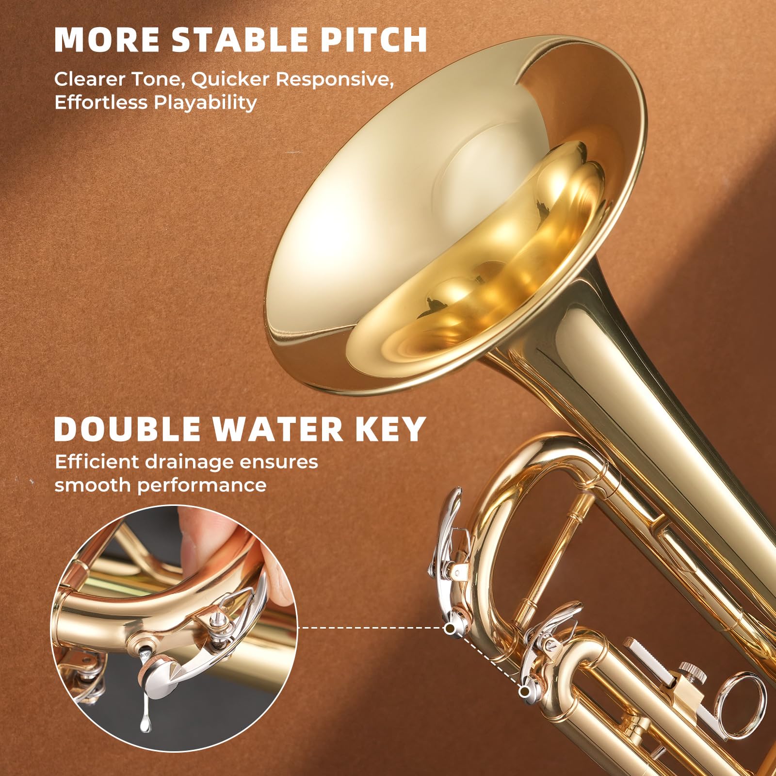 JAMELO Bb Standard Trumpet Set, Brass Trumpet Instrument for Student/Beginner with Carrying Case, 7C Mouthpiece, Cleaning Cloth and Gloves (TP-100, Gold)