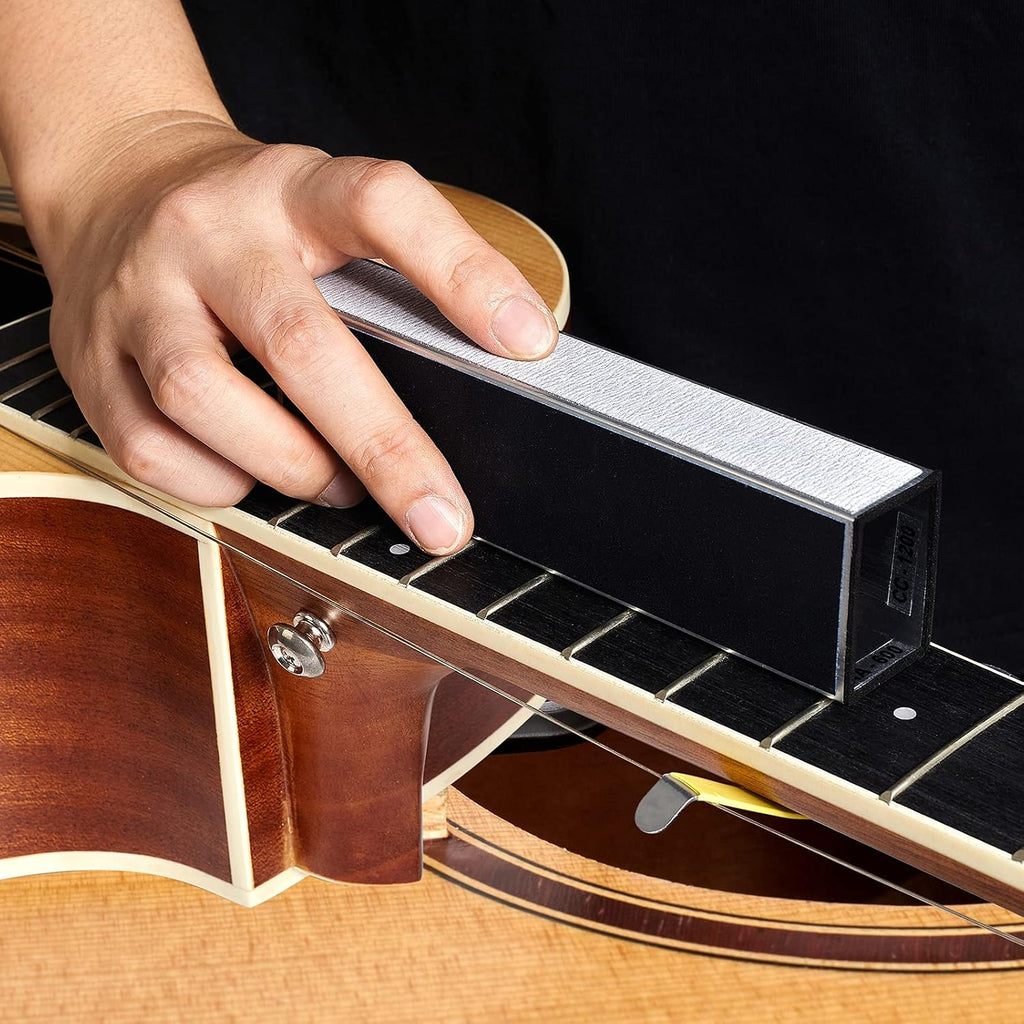 Guitar Luthier Tool Set, Guitar Fret Crowning File, Fret Leveling Beam, String Action Ruler Gauge, Feeler Gauge, Fret Rocker, Fingerboard Guards, String Spreaders and Replacement Sanding Papers