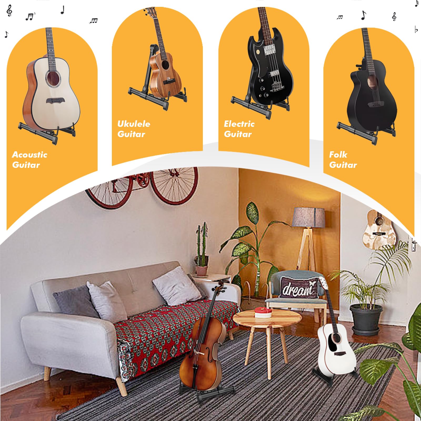Guitar Stands 2 PACK, Plastic Lightweight A-Frame Guitar Floor Stand, ABS Guitar Rack, Foldable Guitars Holder for Bass, Banjo, Cello, Mandolin, Guitar Accessories (Black)