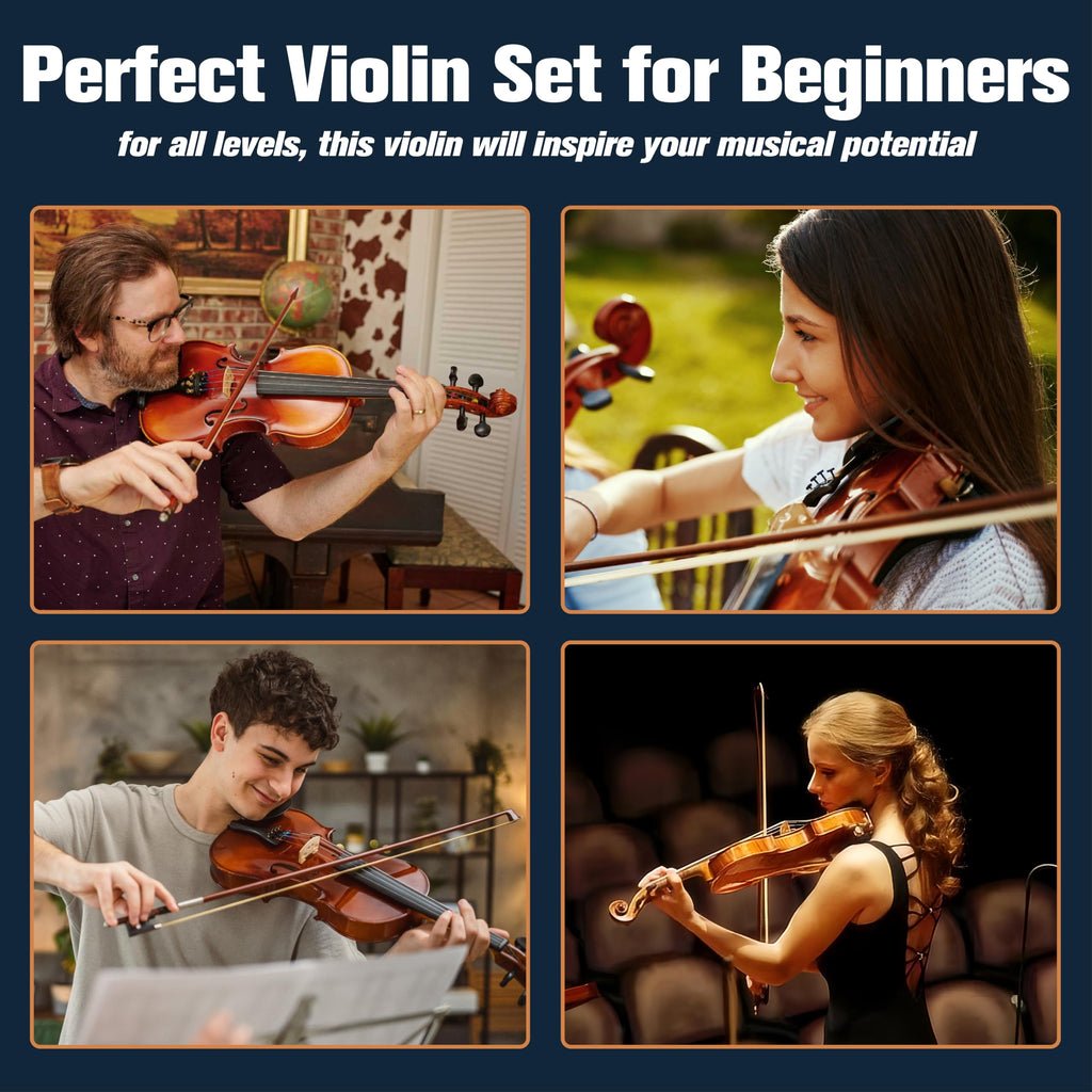 Mendini by Cecilio Violin 4/4 Full Size Kit For Beginners - Hand Carved Acoustic Violins Set - Fiddle Solid Wood Kit with Hard Case, Bow, Rosin, Shoulder Rest, Bridge and Extra Strings (Black)