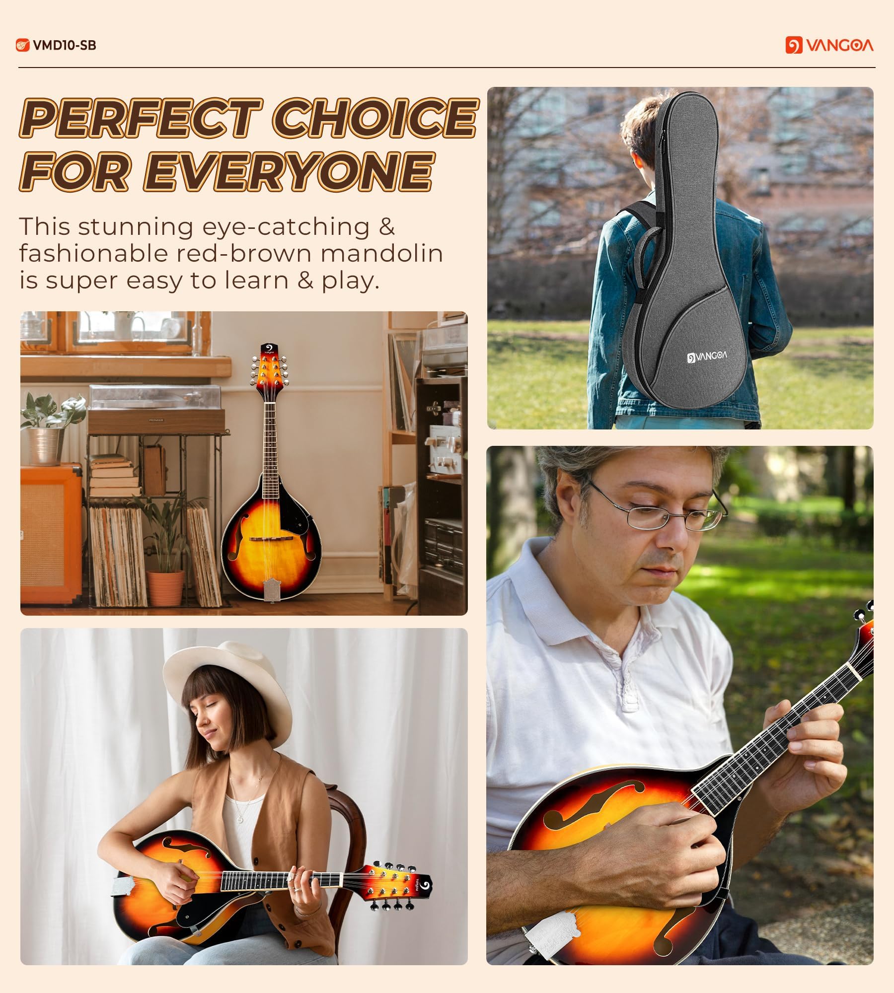 Vangoa Mandolin Musical Instrument A Style Acoustic Electric, 8 Strings Mahogany for Beginner Adults Teens, Red Burst