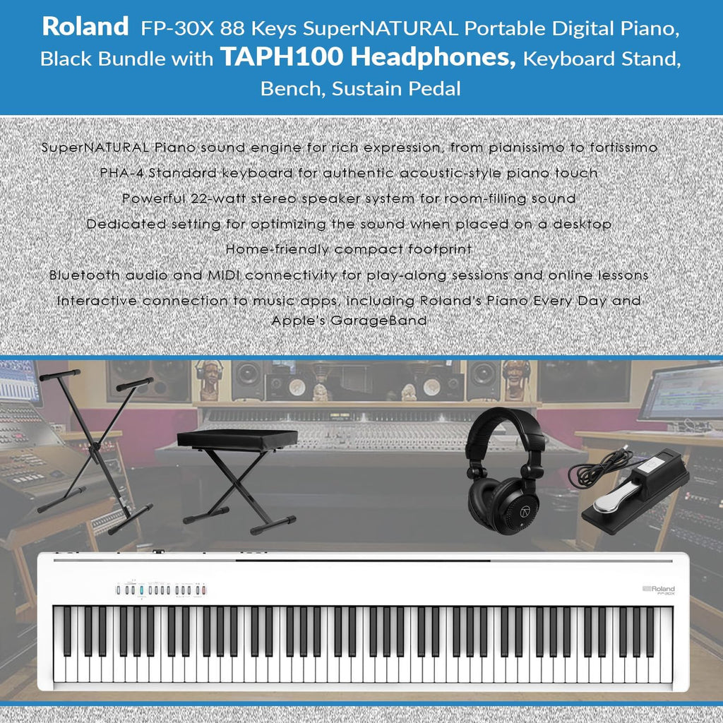 Roland FP-30X 88 Keys SuperNATURAL Portable Digital Piano, White Bundle with H&A Studio Monitor Headphones, Keyboard Stand, Bench and Sustain Pedal
