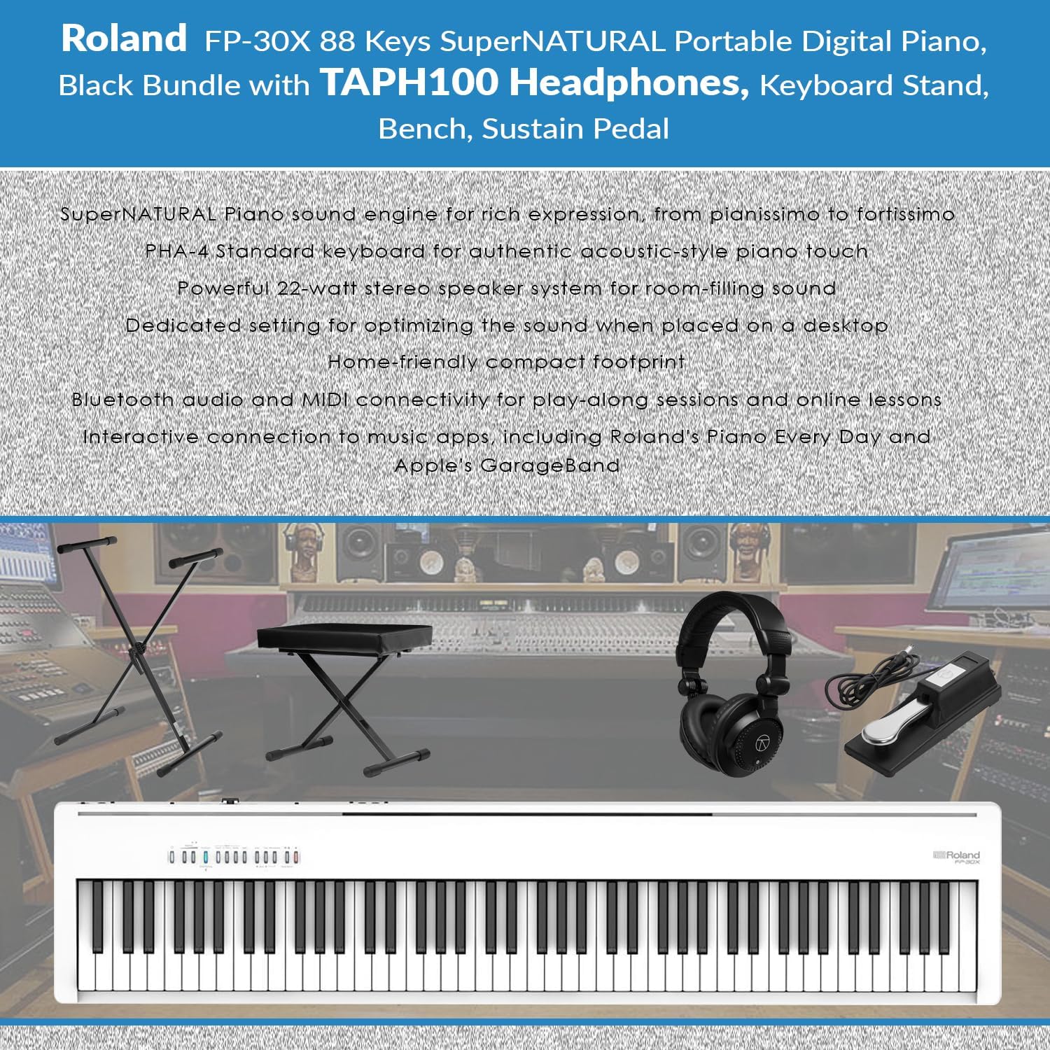Roland FP-30X 88 Keys SuperNATURAL Portable Digital Piano, White Bundle with H&A Studio Monitor Headphones, Keyboard Stand, Bench and Sustain Pedal