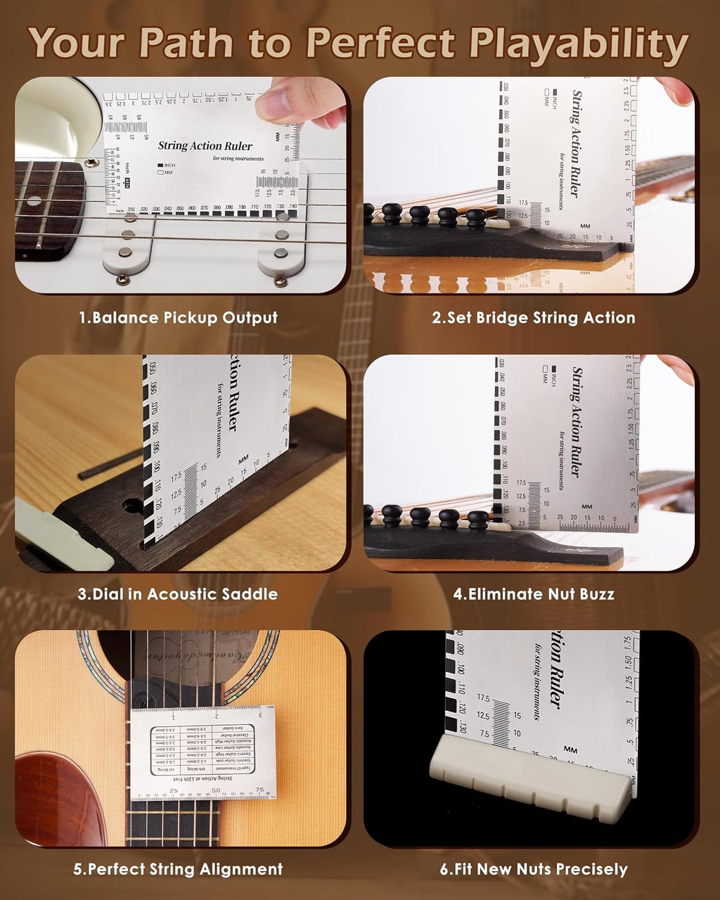 Guitar String Action Gauge Ruler, Professional Setup Tool with Dual mm and 1/64" Scales - for Electric, Acoustic, Bass Guitars - Includes Measurement Chart & Protective Sleeve