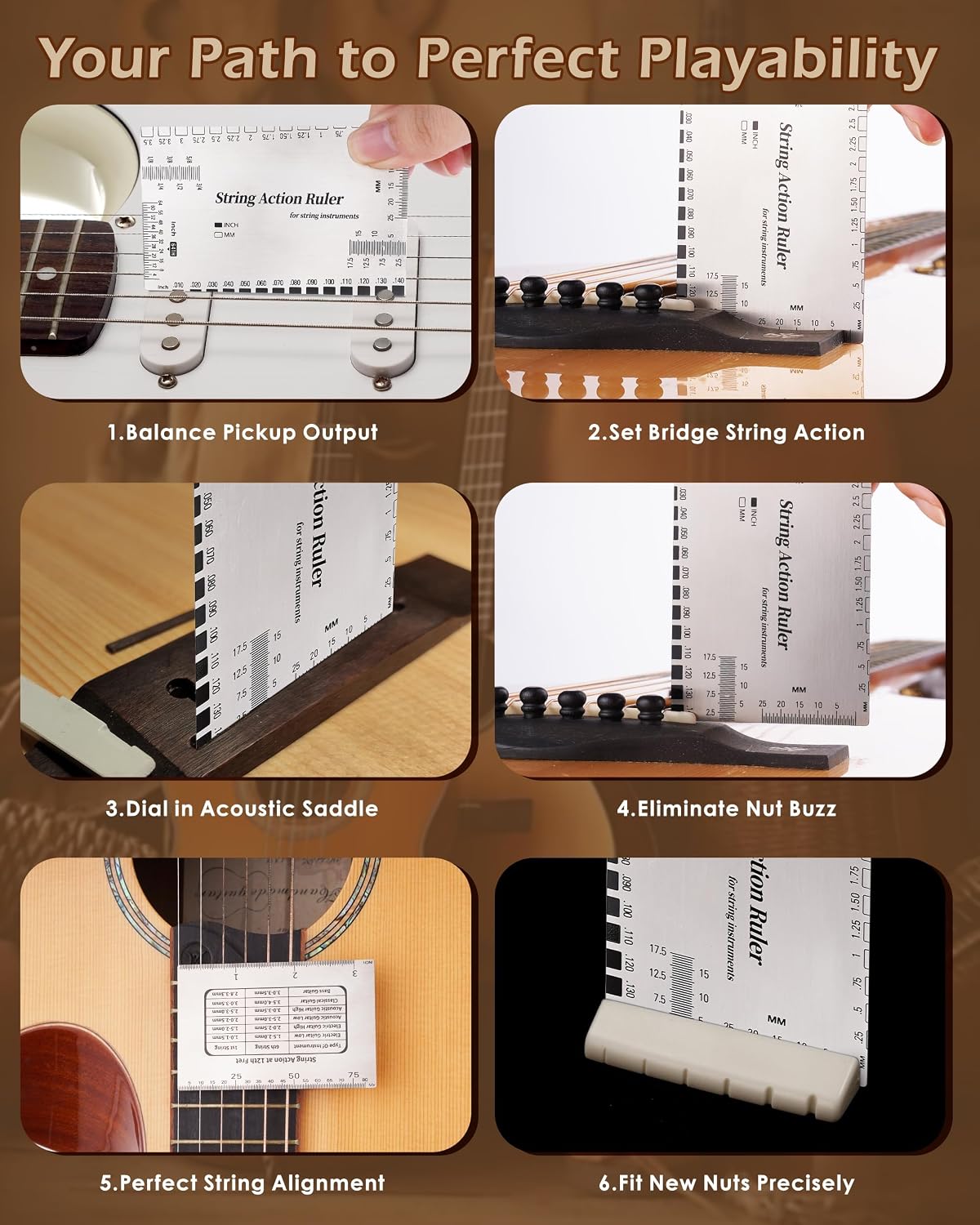 Guitar String Action Gauge Ruler, Professional Setup Tool with Dual mm and 1/64" Scales - for Electric, Acoustic, Bass Guitars - Includes Measurement Chart & Protective Sleeve