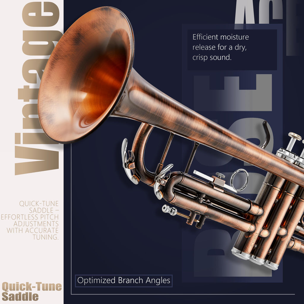 AKLOT Hand-Hammered Bell Bb Trumpet: Smooth Valve Action, Clear-Lacquered Brass Body, Standard Trumpet Beginner Set with Leather Case, Lesson Book, Trumpet Mute, Mouthpiece, Cleaning Kit (SNR-BrzSF)