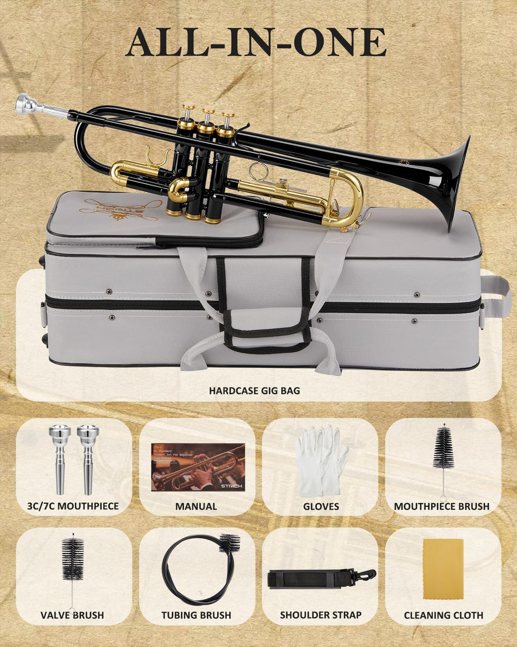 STRICH Bb Standard Trumpet Set for Beginners, Brass Student Trumpet Instrument with Hard Case, Cleaning Kit, 7C & 3C Mouthpieces, Gloves - STR-1G, Gold