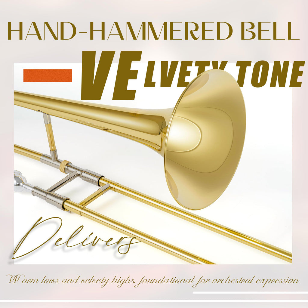 AKLOT Classic Bb Tenor Trombone: Entry-Level B Flat Brass Instruments with Hand-Hammered Bell, Anti-Tarnish Gold Lacquer Finish, Ideal for Beginner, Includes Hard Case, Mouthpiece, Gloves, Cloth