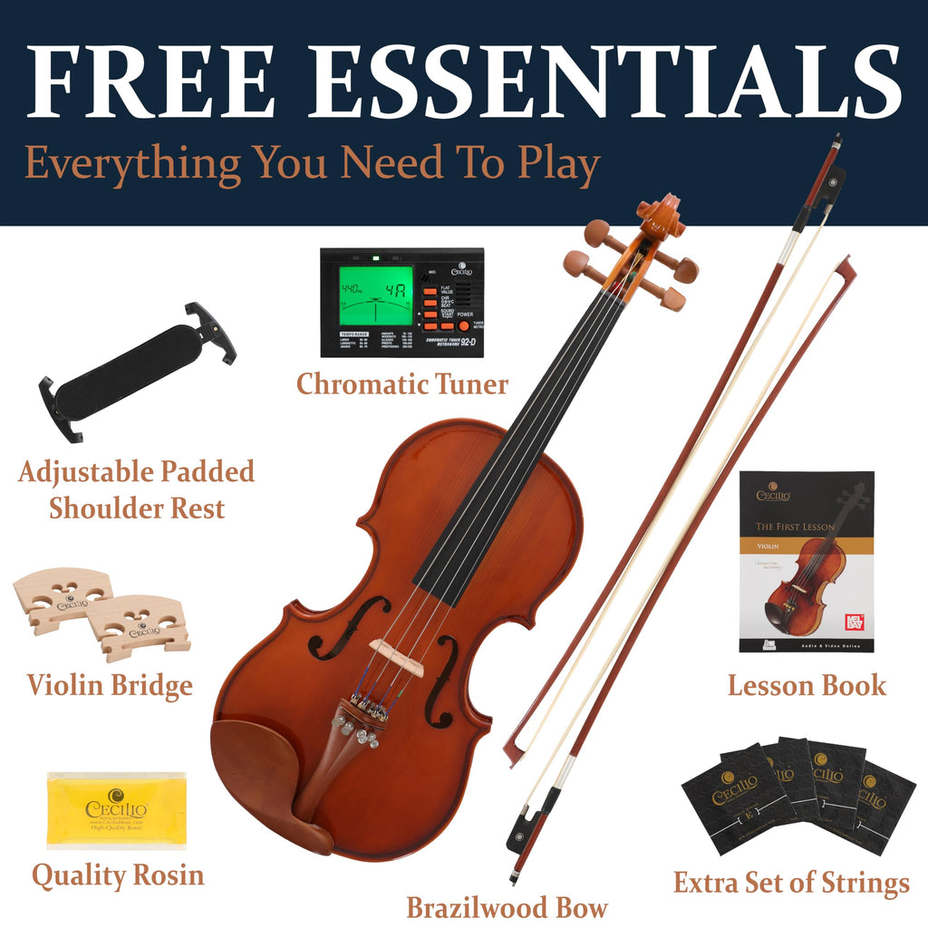 Cecilio Violin Solidwood Violin with 2 Brazilwood Bows, Rosin, Tuner, Shoulder Rest & Lesson Book – Ideal for Beginners, Size 3/4