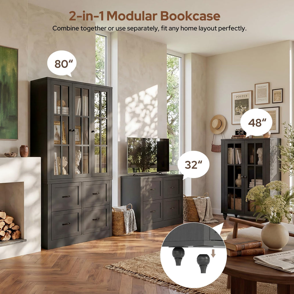 80" Tall Storage Cabinet with Glass Doors, 2-in-1 Modular Bookcase Cabinet, Freestanding Kitchen Pantry Storage Cabinet & Bookshelf for Living Room, Kitchen, Bathroom (4, Cracked Oak, AD)