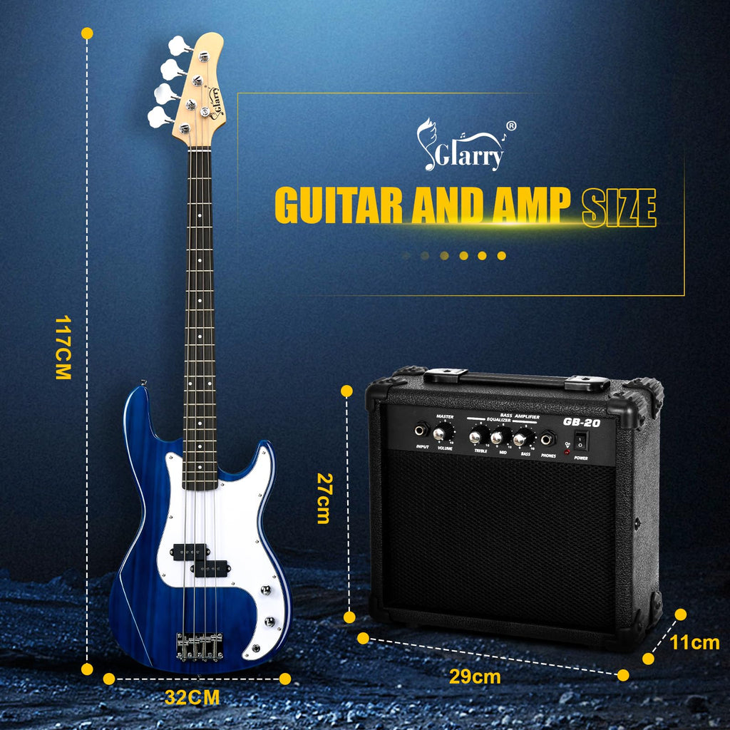 GLARRY Full Size Electric Bass Guitar Beginner Kit 4 String Exquisite Basswood Bass with 20W AMP, Cable, Strap, Bag and Accessories (Black, 39"Right Handed)
