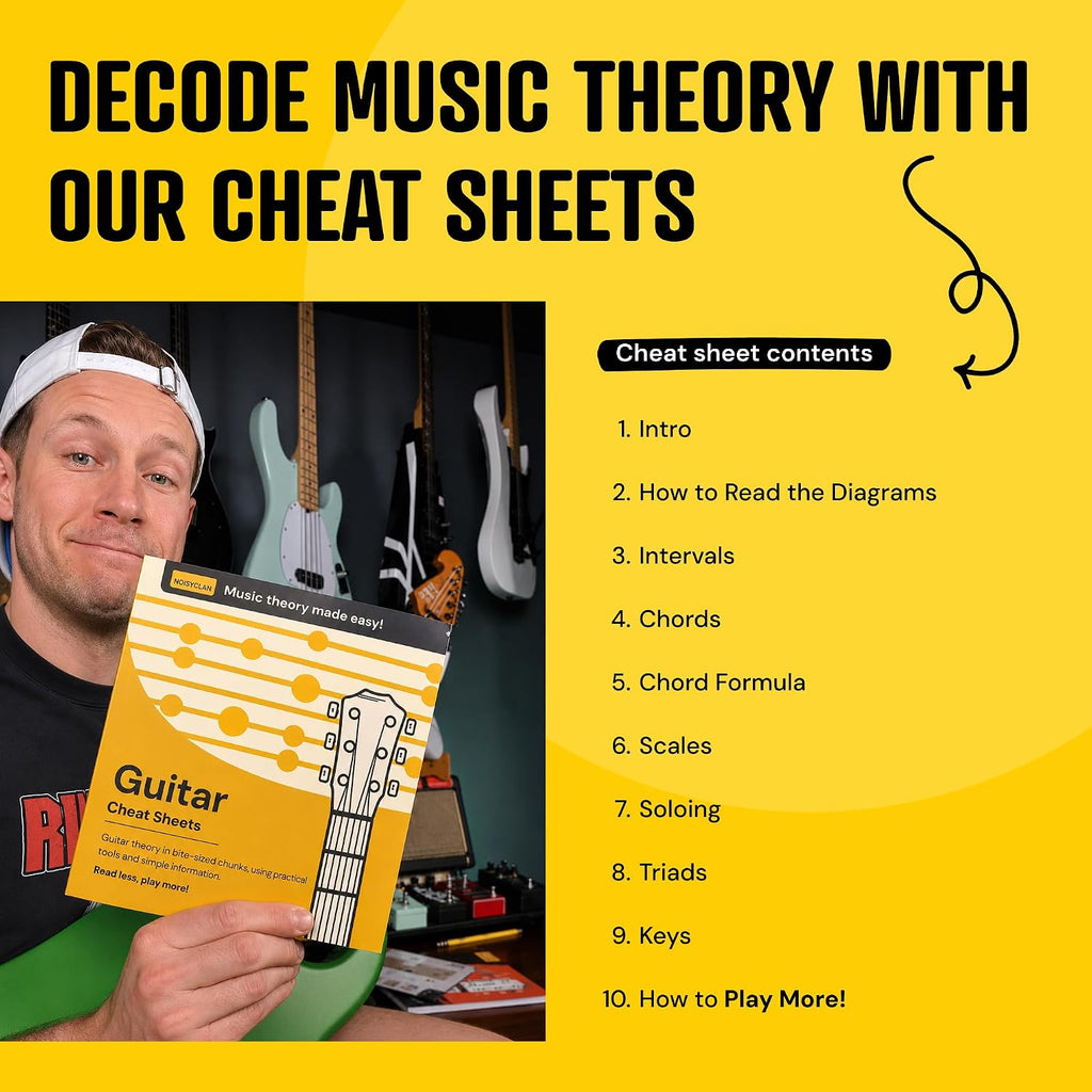 Guitar Theory Cheat Sheets 8x8": Guitar Chord, Scale & Triad Charts | Circle of fifths, anti-scratch matte lamination, reference cards, beginners, easy-read layout, practice, lessons, songwriting