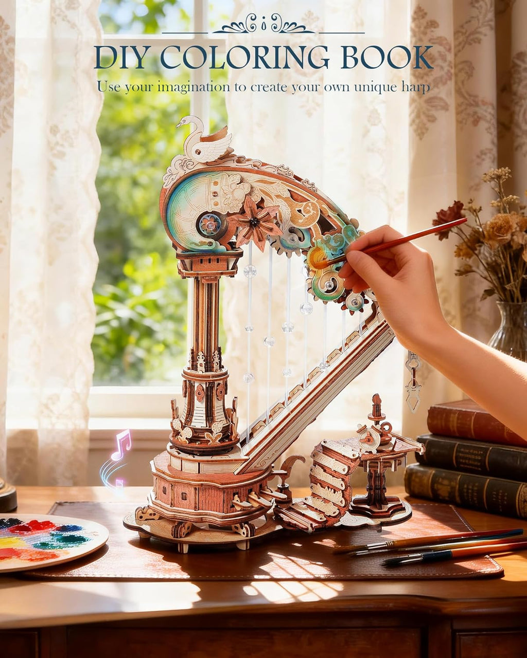ROKR 3D Wooden Puzzle Harp Music Box, Building Model Kit with Mechanical Movement, Gift for Adults Women, Elegant Home Decor for Desk & Shelf