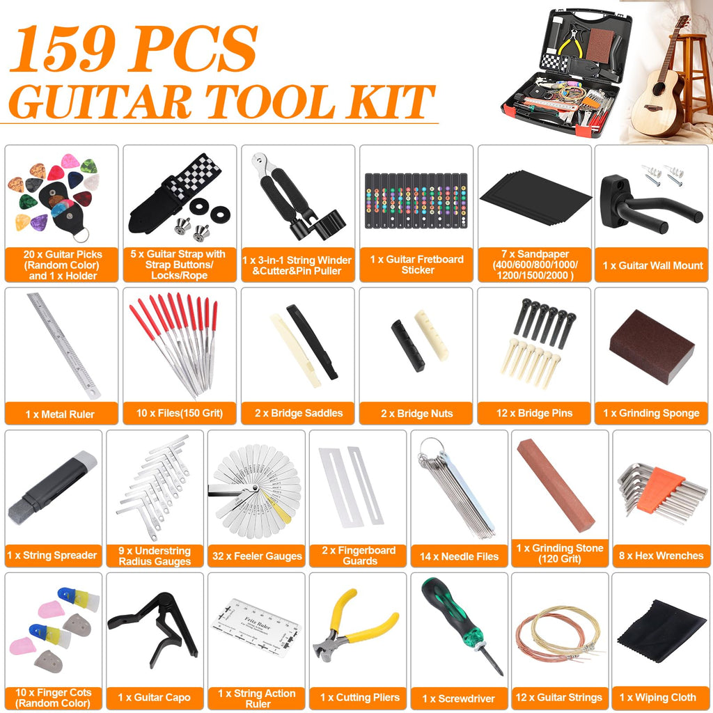 Guitar Tool Kit, 119 Pcs Professional Guitar Repair Kit, Guitar Maintenance Kit with Guitar Tools Accessories and Carry Bag, Guitar Setup Kit for Electric Guitar Acoustic Guitar Ukulele Banjo Bass