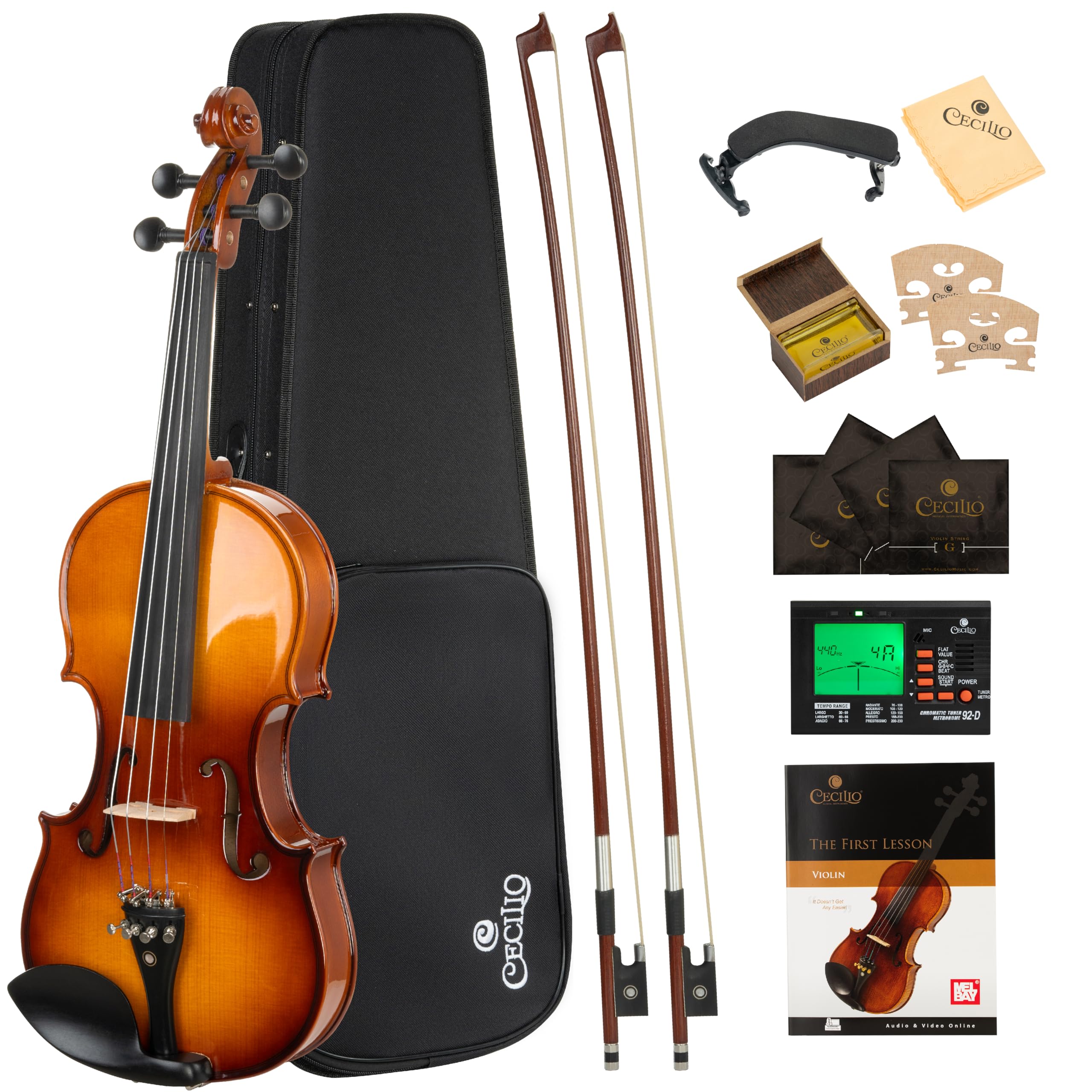 Cecilio 3/4 Violin Solidwood Violin with D'Addario Prelude Strings, Bow, Rosin, Tuner, Shoulder Rest & Lesson Book – Ideal for Beginners
